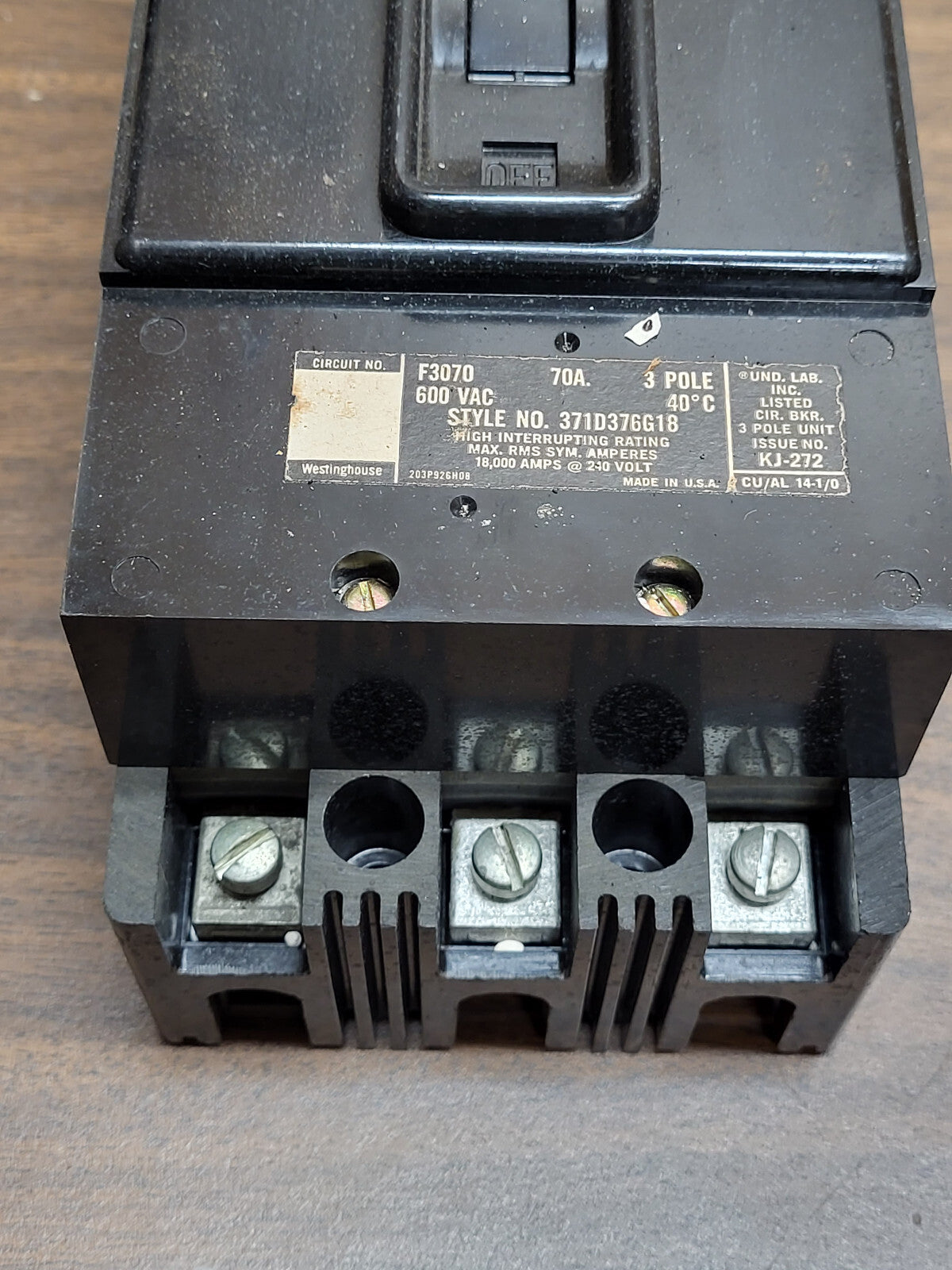 WESTINGHOUSE F3070 3POLE 70AMP 600VOLT BREAKER NEW
