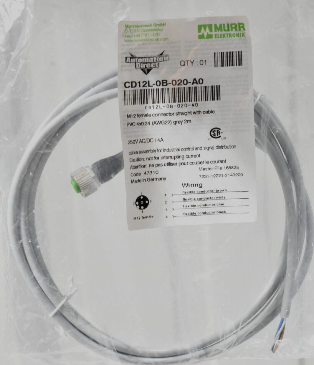 Automation Direct Murr CD12L-0B-020-A0 Female M12 Connector Cable