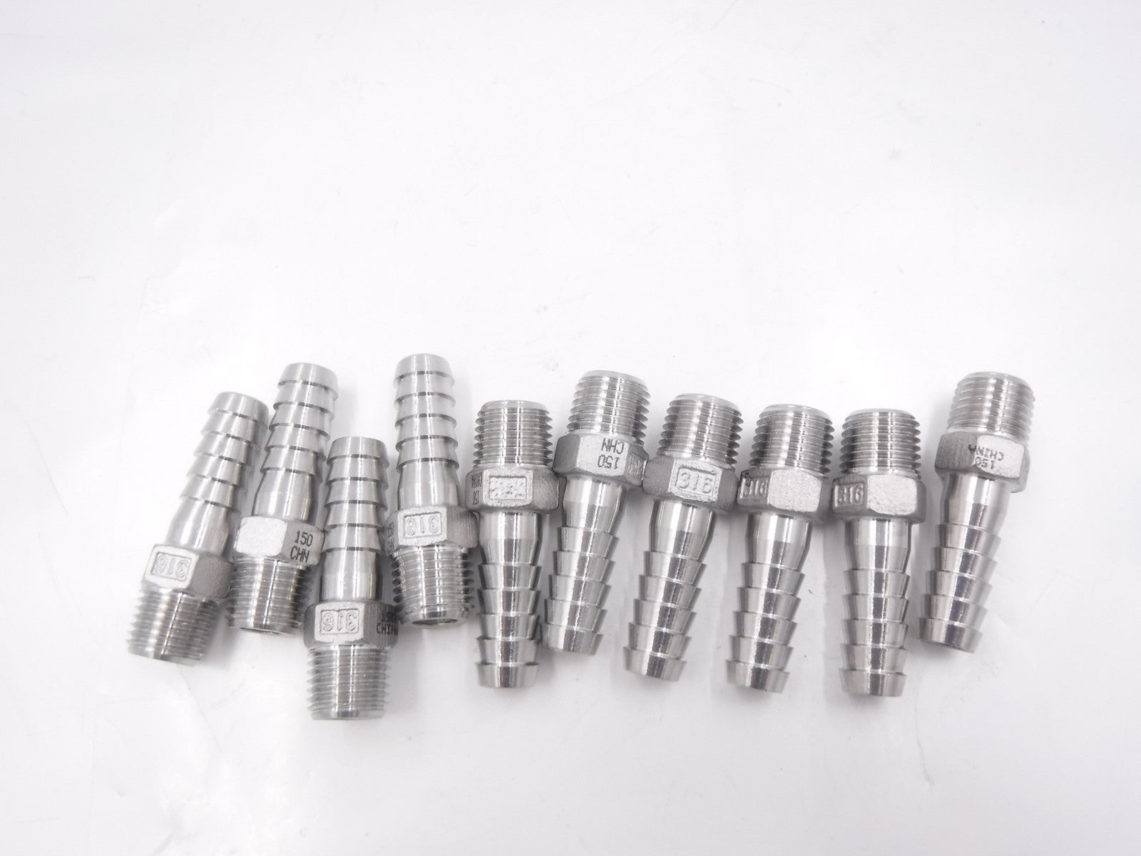 10 Pack 3/8"ID Barb x 1/4"MNPT 316 Stainless Steel Hose Barb Connectors