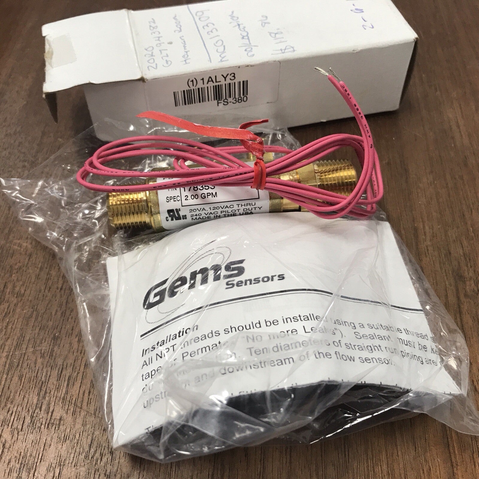 GEMS Sensor FS-380, 178353 3/8" 2.00 GPM Liquid Flow Switch SPST 20VA 1ALY3