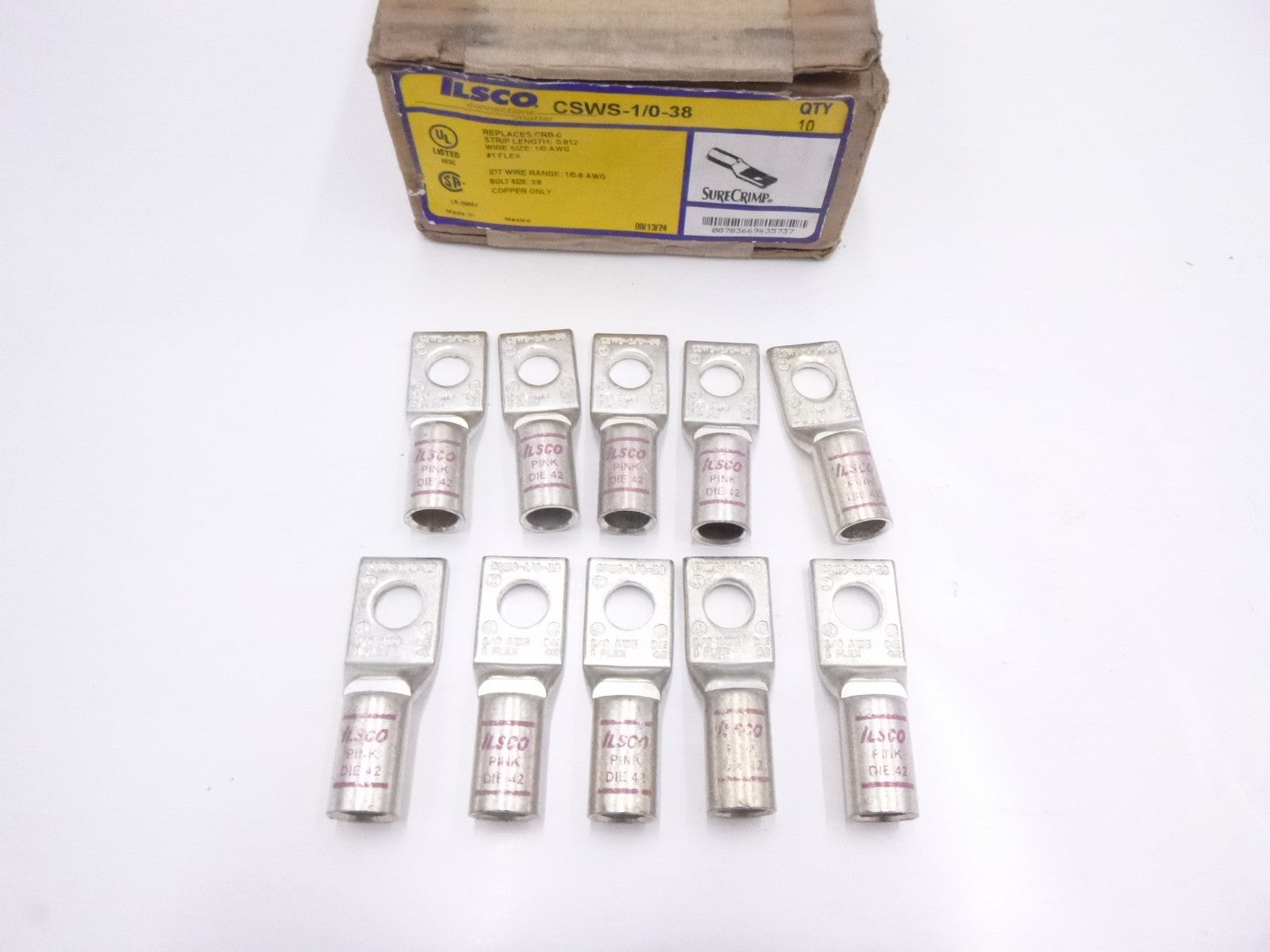 10 Pack Ilsco CSWS-1/0-38 Copper Compression Lug 1 Hole 3/8"