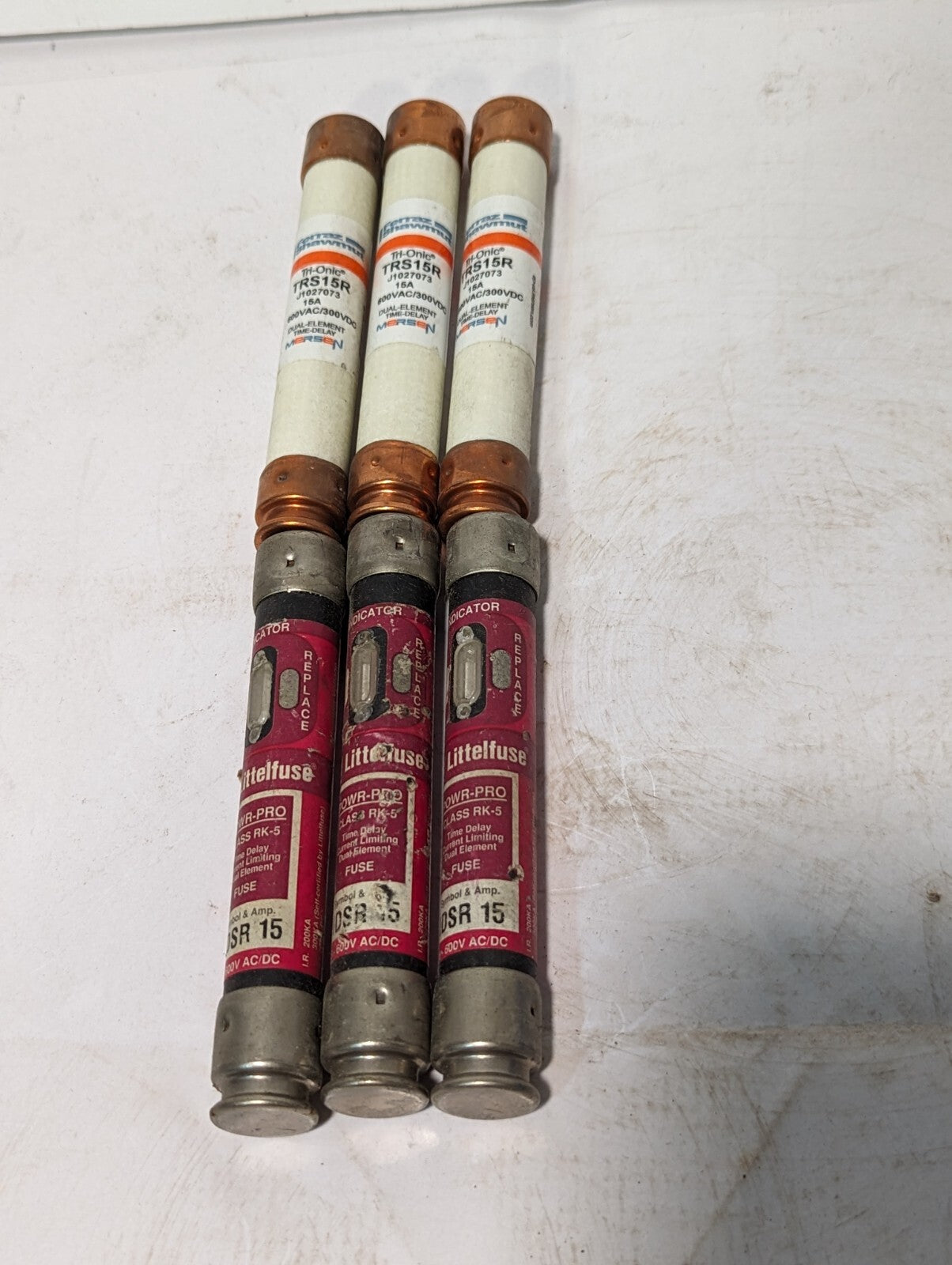 Lot of 3 Littelfuse IDSR15 fuses, 15A, 600VAC/DC, 3x Mersen TRS15R fuses, 15A, 6