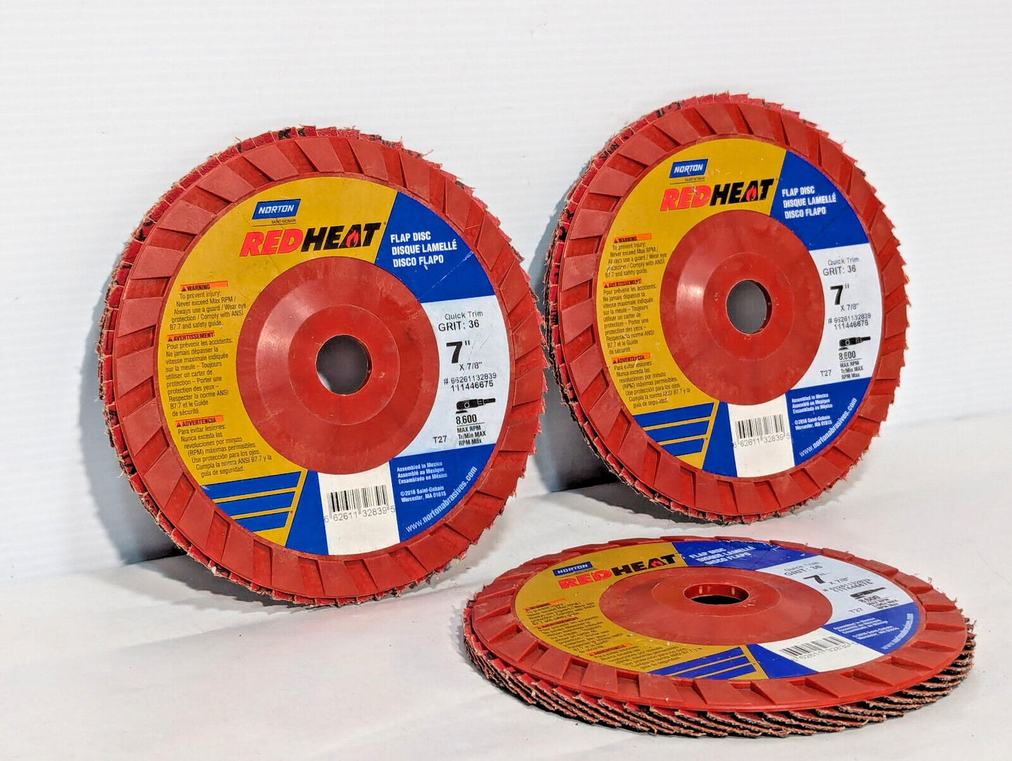Lot of 3: Norton Red Heat Quick Trim Flap Disc, 36 Grit, 7"x7/8", 8600RPM