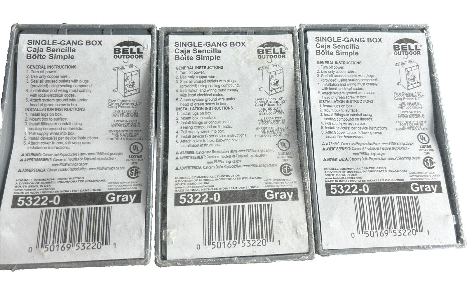 *QTY 3* BELL 5322-0 WEATHERPROOF BOX SINGLE GANG BOX. NEW IN PACKAGE!     AE