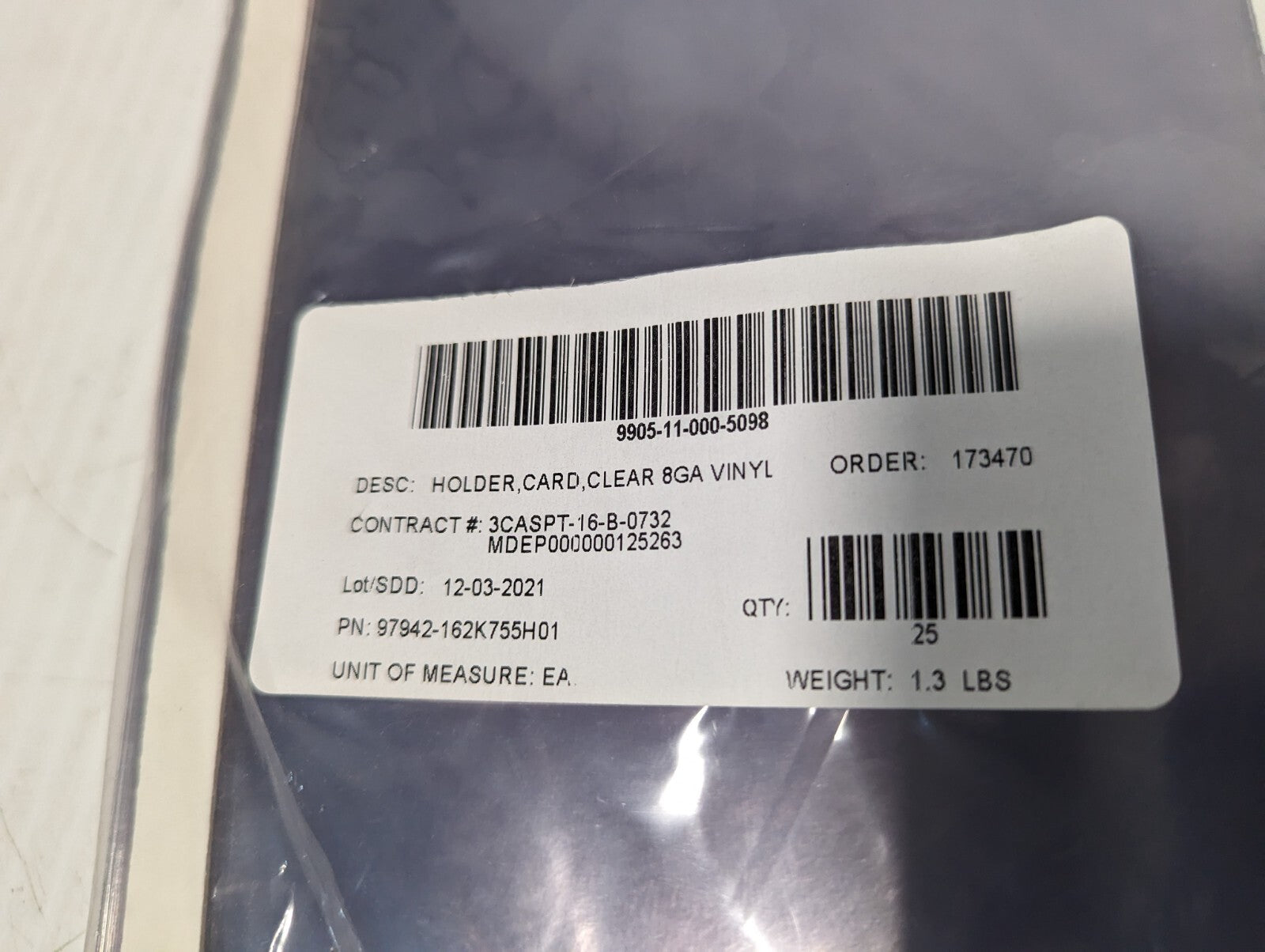 Pack of 25 162K755H01 Clear Vinyl Card Holder, Self-adhesive, Holds 6” x 9” Card