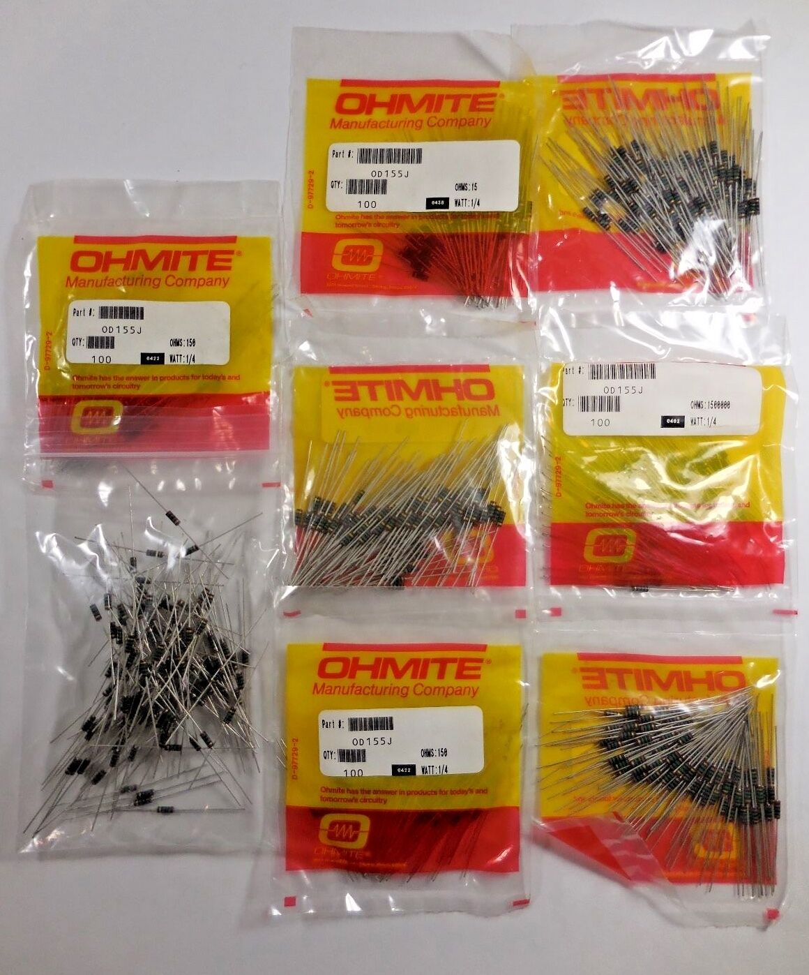 Ohmite OD155J/ D-97729-2/ 150 ohms/ 1/4 Watt/ Resistors [Lot of 823]
