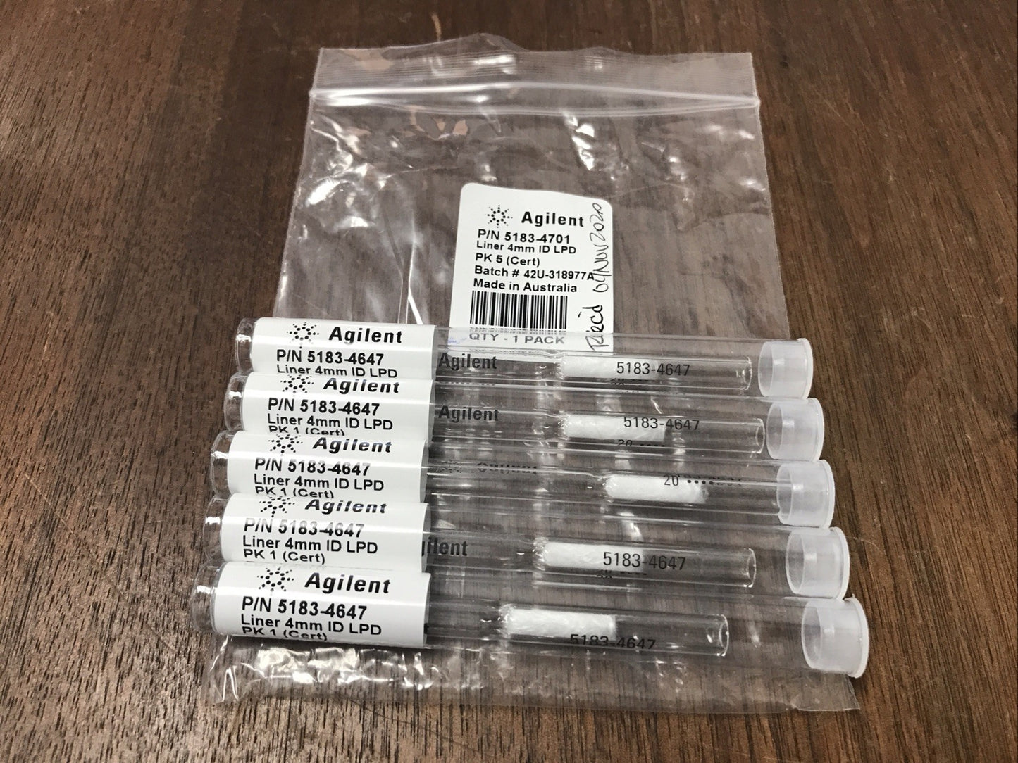 Agilent 5183-4701 Inlet Liner 5/pk Split Single Taper Glass 4mm ID LPD