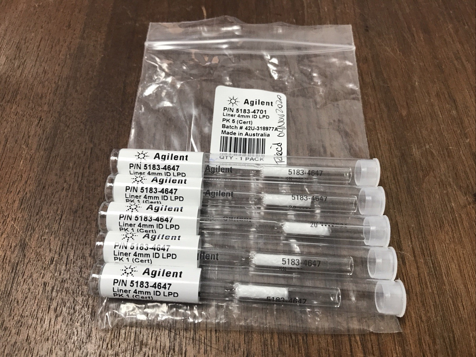 Agilent 5183-4701 Inlet Liner 5/pk Split Single Taper Glass 4mm ID LPD