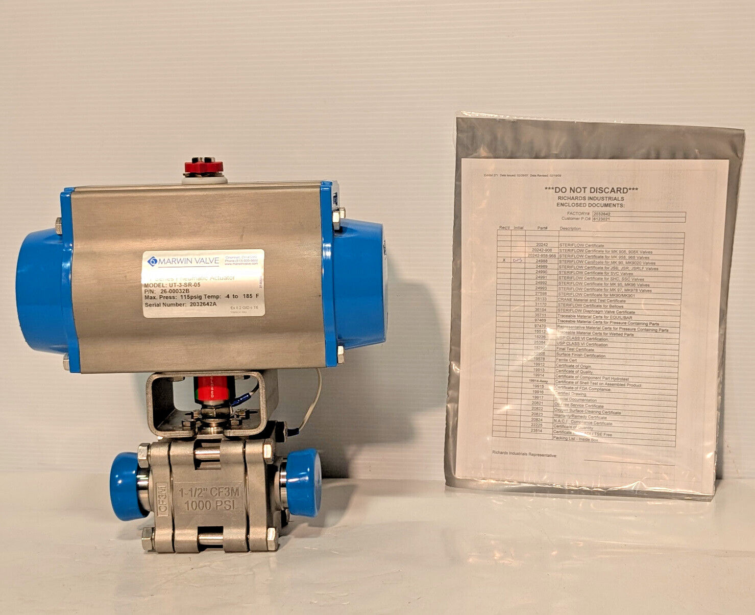 Marwin UT-3-SR-05 UT Series Pneumatic Actuator 26-00032B, Steriflow MK9020 Assy