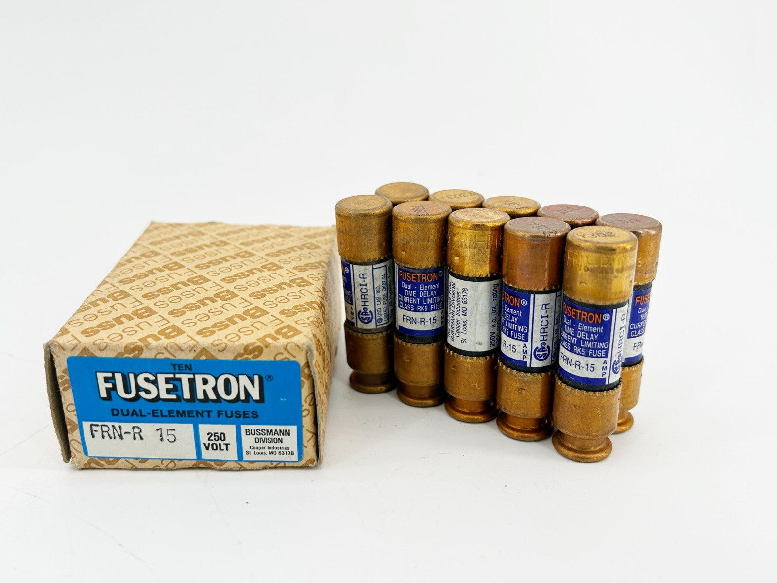 New Box of 10 Bussmann FRN-R-15 Dual Element Time Delay Fuse 15A 125VDC Class RK