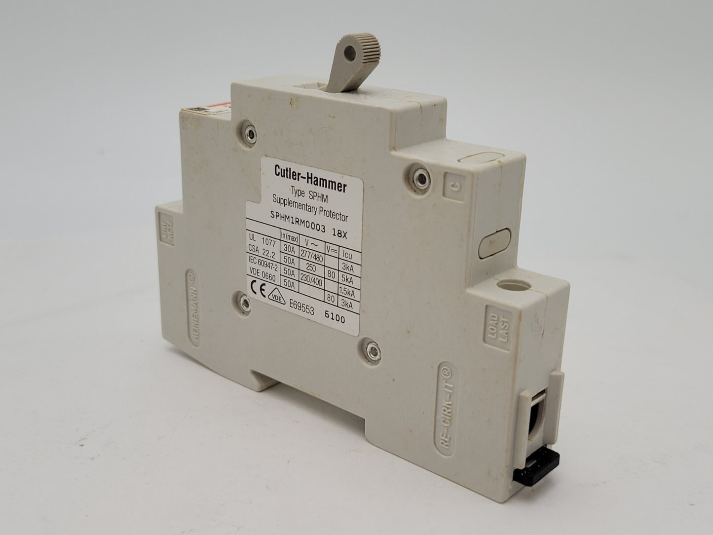 Cutler-Hammer SPHM1RM0003 DIN Rail Circuit Breaker 3A 277/480V 1P 1PH Type SPHM
