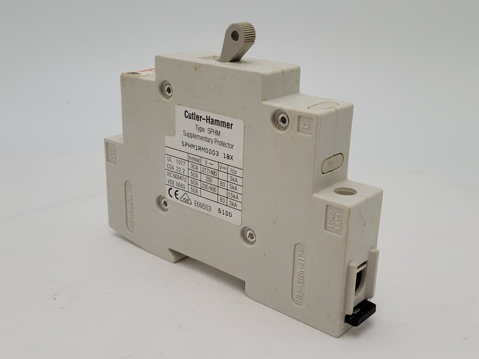 Cutler-Hammer SPHM1RM0003 DIN Rail Circuit Breaker 3A 277/480V 1P 1PH Type SPHM