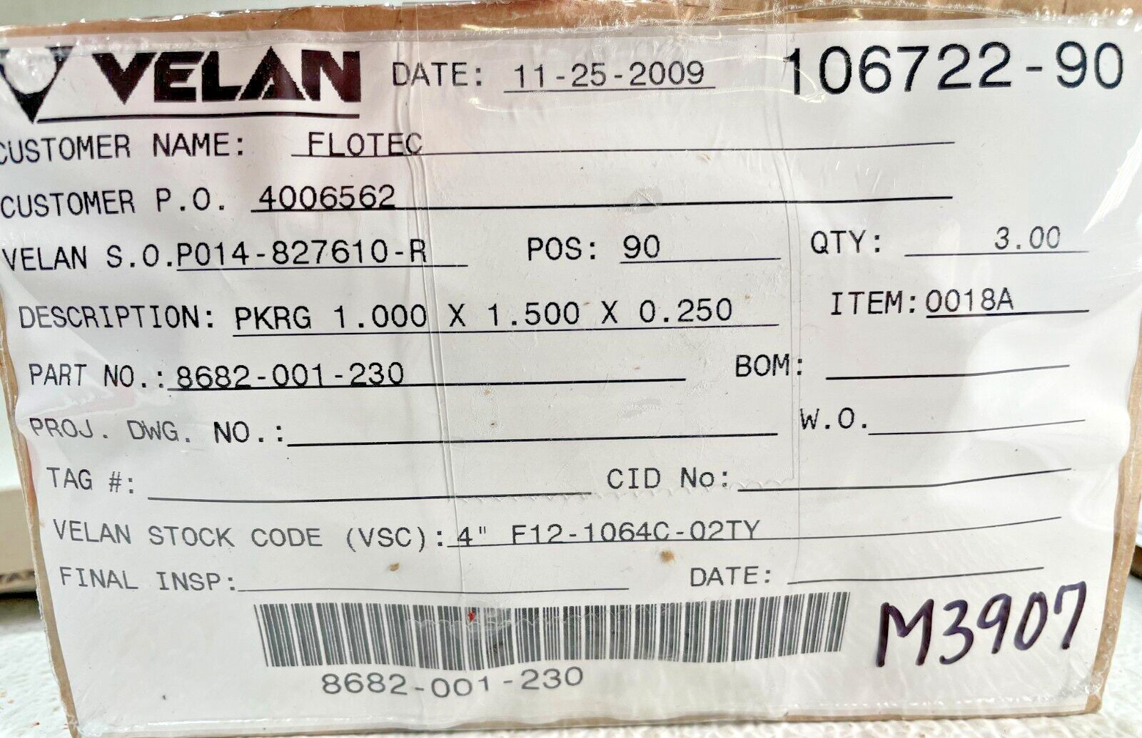 (3) VELAN 8682-001-230, PKRG 1.000 x 1.500 x 0.250, STK CODE 4" F12-1064C-02TY