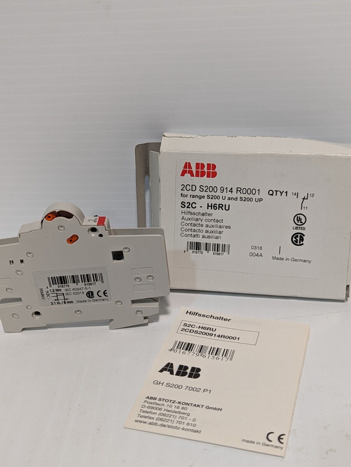 ABB S2C-H6RU Auxiliary Contact NO/NC/ F/S20X-K CB 161K438H01