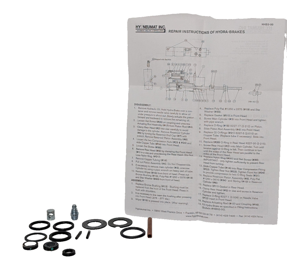 Hypneumat RK-HB-3 Hydra-Brake Repair, Rebuild Seal Kit, Instructions, RKHB3