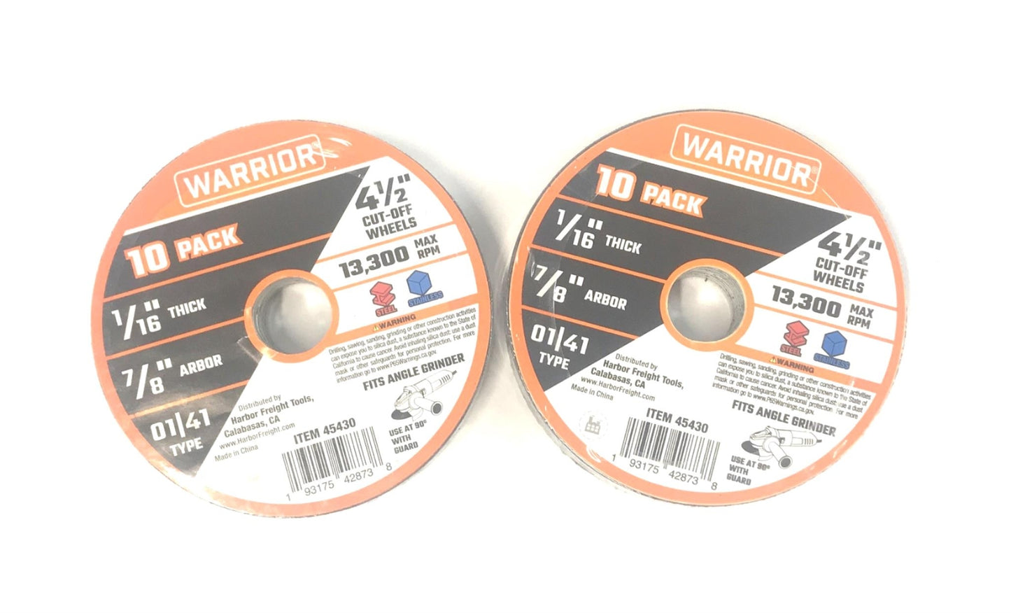 Warrior Cut-Off Wheels(Pack of 10) 4-1/2" OD 1/16" Thick 45430 [Lot of 2] NOS