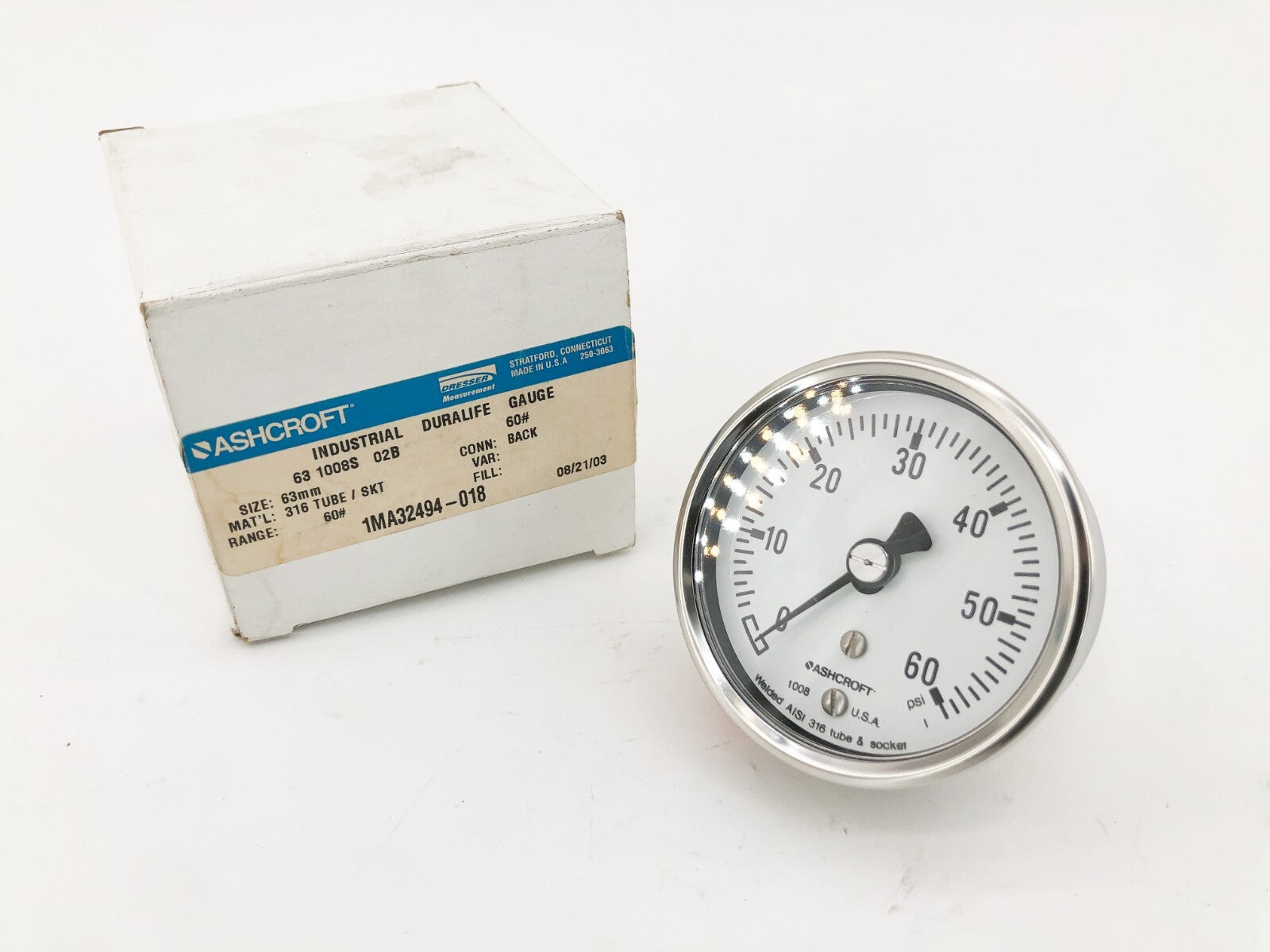 New Ashcroft 63-1008S-02B-60# Pressure Gauge 63mm 60psi Back Mount