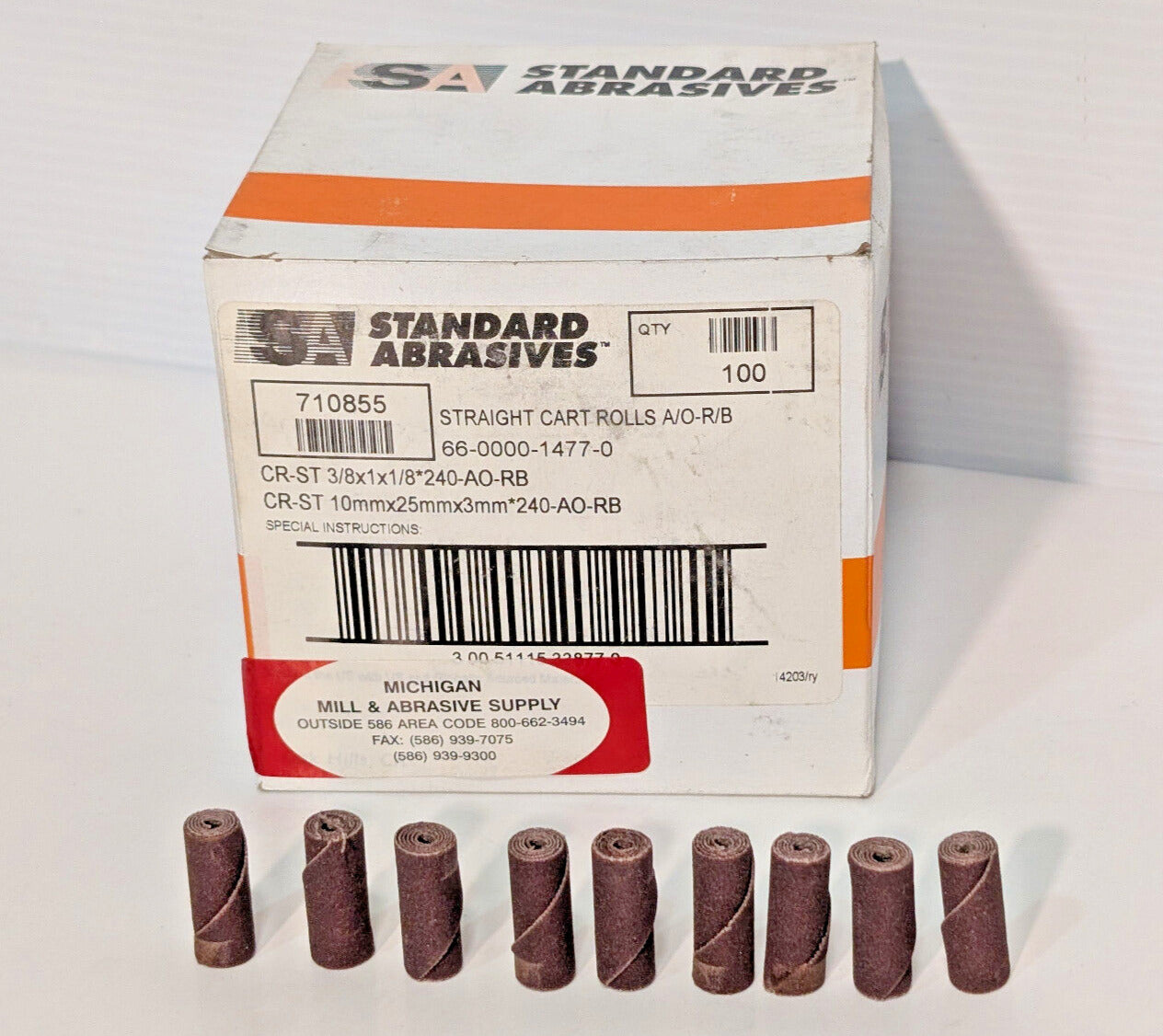 Standard Abrasives 710855 Straight Cartridge Rolls 3/8x1x1/8 240 Grit 100 Count