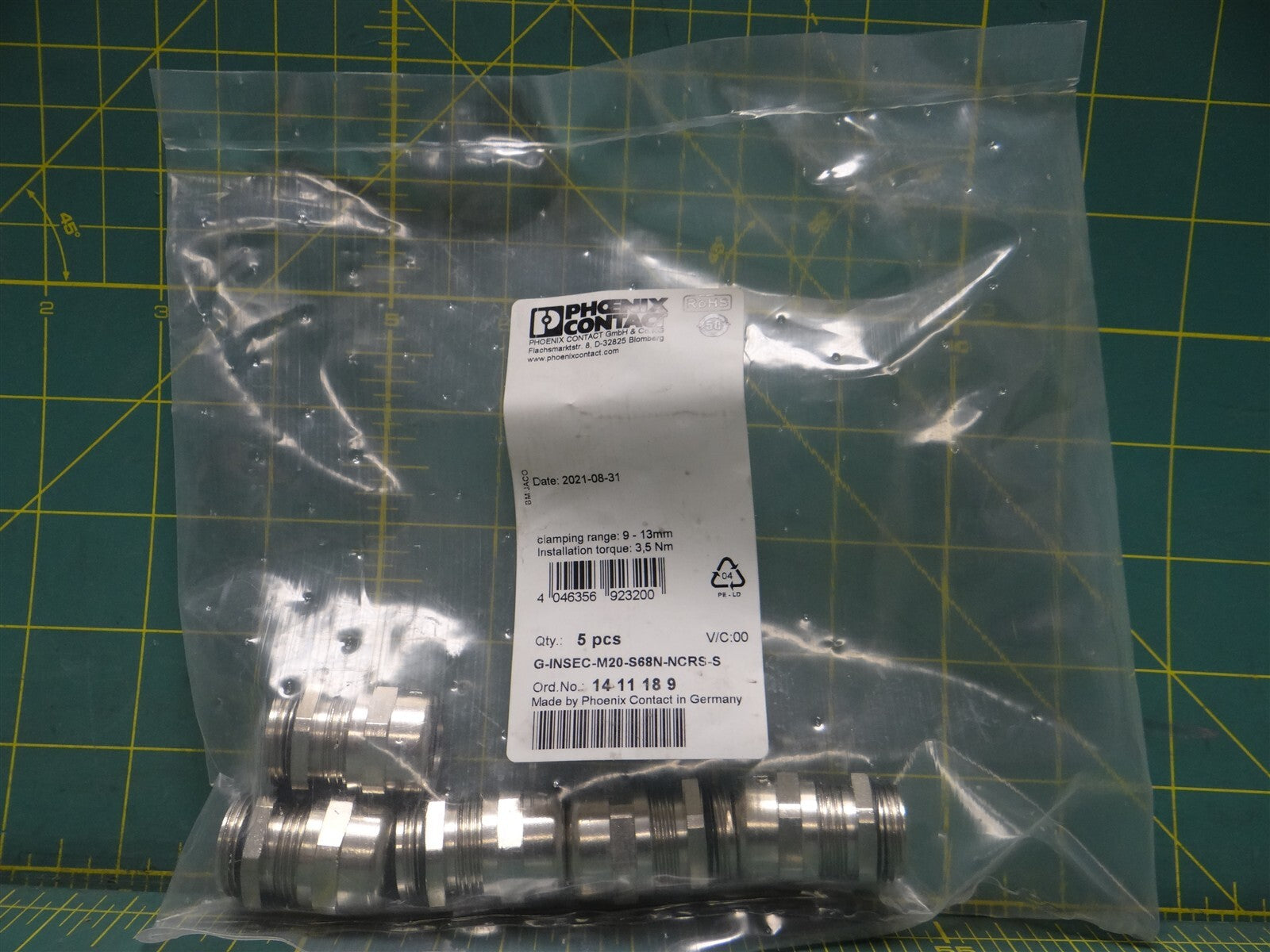 (Qty: 5) Phoenix Contact Heavycon Cable Gland 1411189 G-INSEC-M20-S68N-NCRS-S 