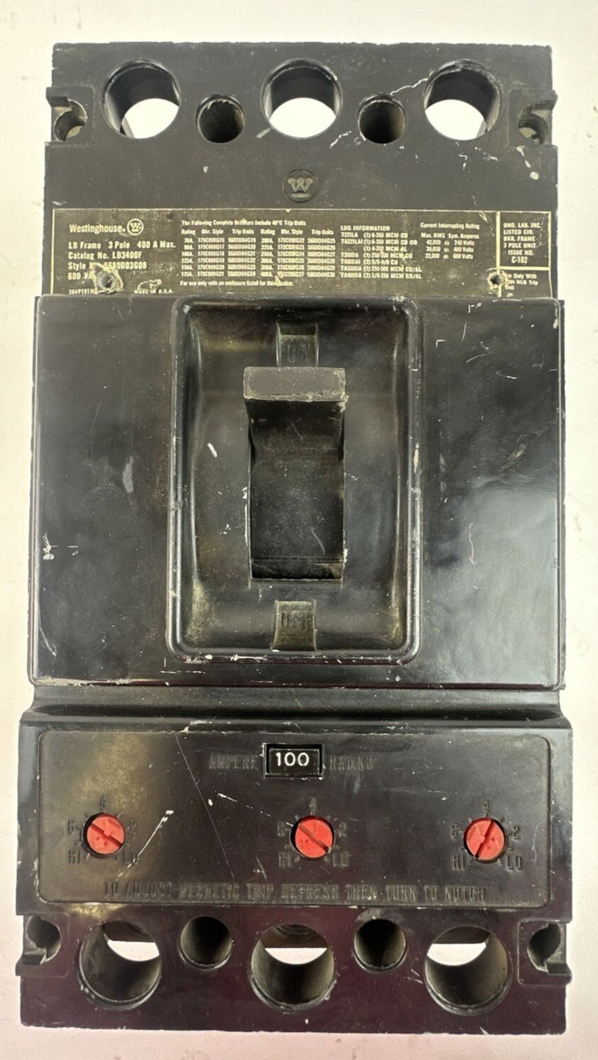 WESTINGHOUSE LB3400F CIRCUIT BREAKER 400A FRAME 3POLE 600VAC 100AMP TRIP UNIT