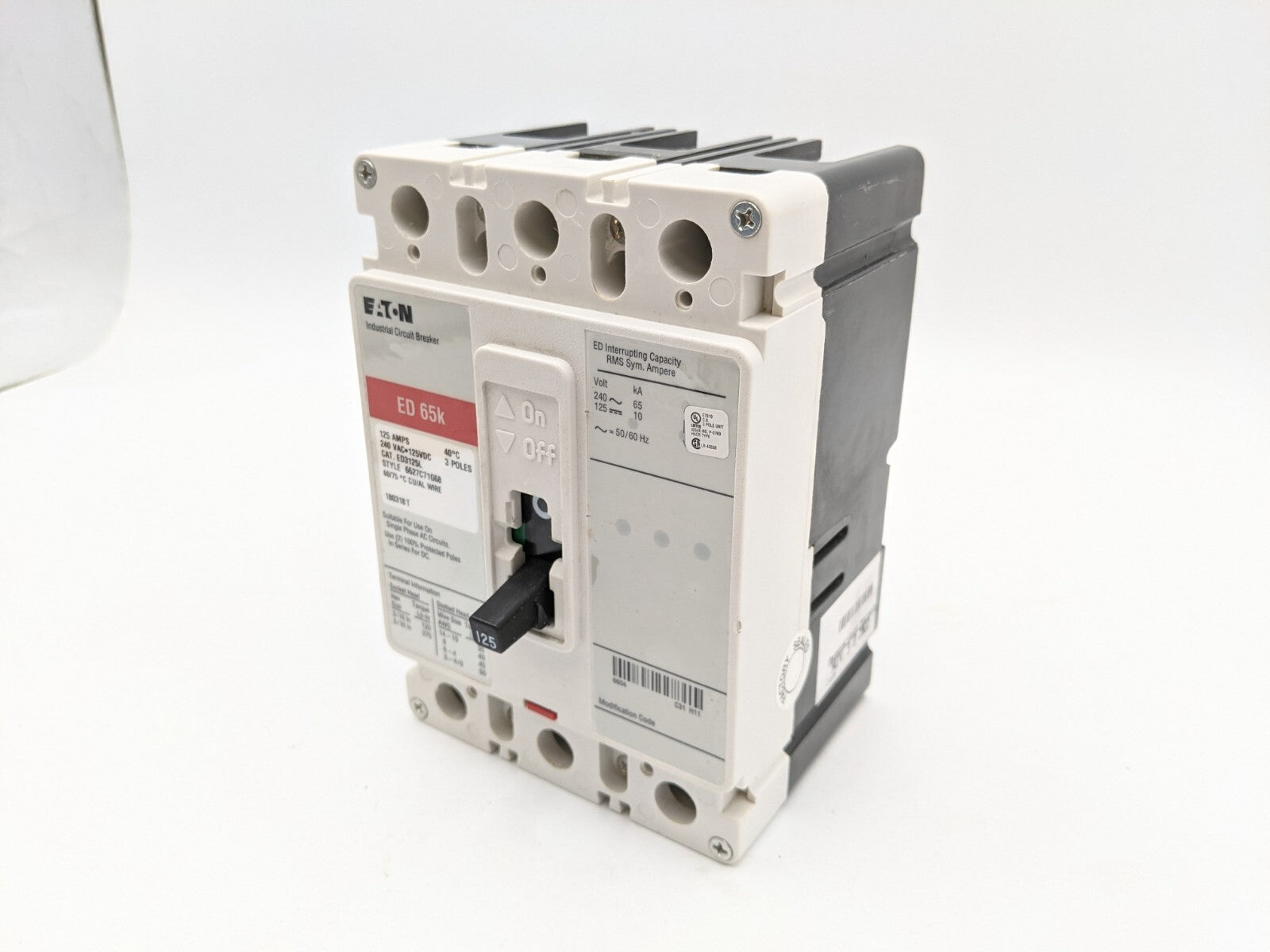 Eaton ED3125L Feed-Thru Circuit Breaker 125A 240V 3P 3PH ED 125 AMP 240 Volt