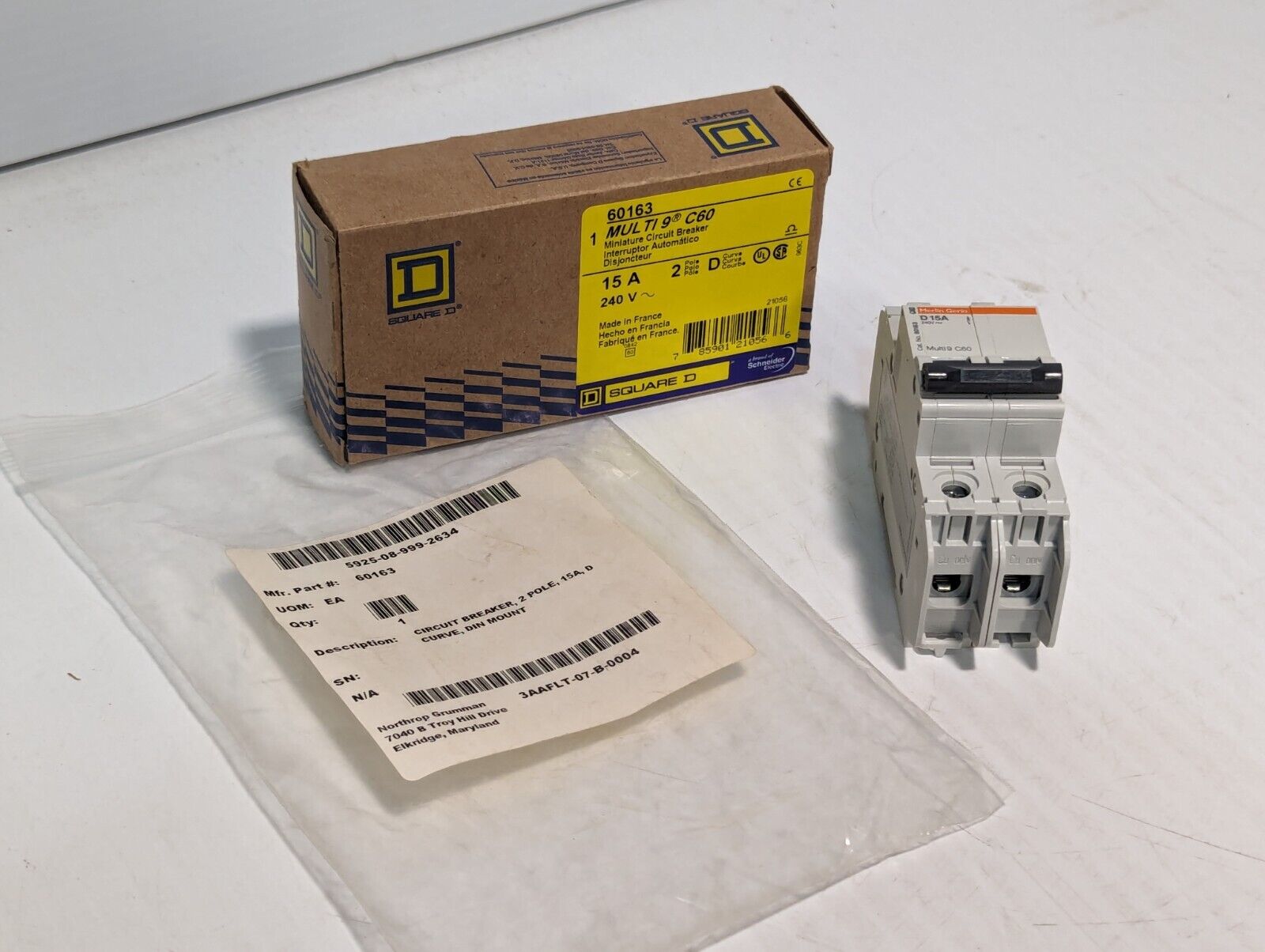 Merlin Gerin 60163 Multi9 C60 Circuit Breaker, 15A, 240VAC, 2-Pole - Free Ship