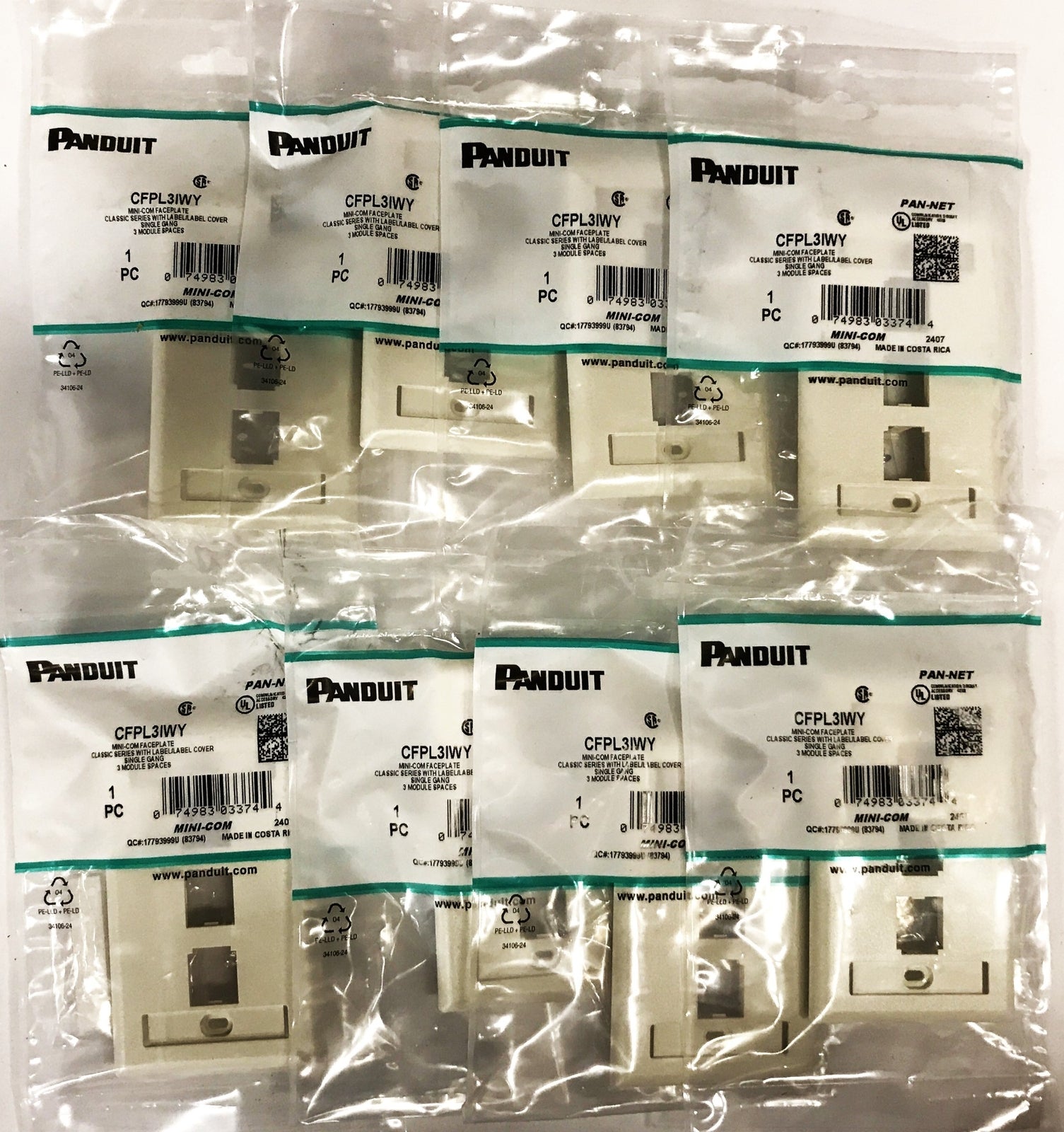 Panduit White Plastic 1-Gang 3-Port Faceplate CFPL3IWY [Lot of 8] NOS