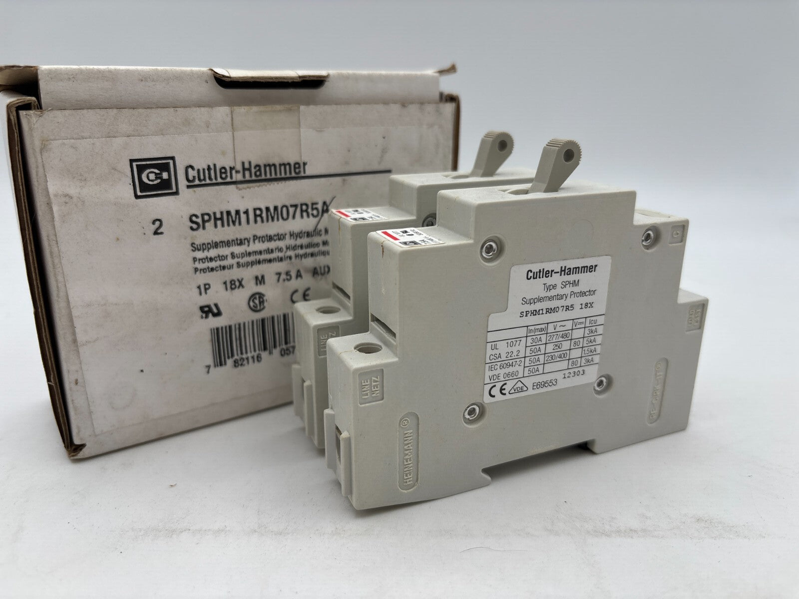2PC Cutler-Hammer SPHM1RM07R5 DIN Rail Circuit Breaker 7.5A 277/480V 1P 1PH SPHM