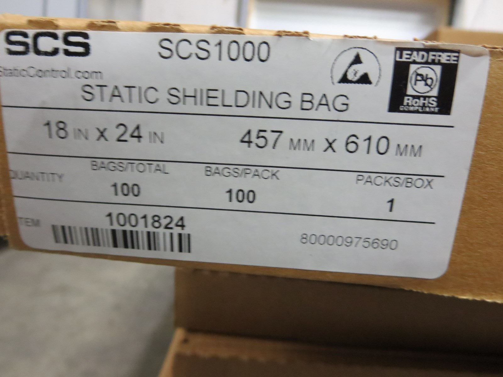 SCS, 1000 (1001824), Bag Static Shielding, 18" X 24", 100/Bx, NIB