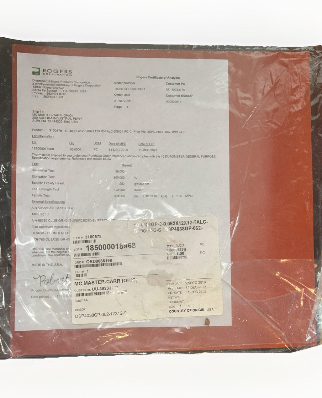 Rogers Corp. 10-4038GP2-0.062X12X12 Duro Red DSP Silicone Rubber Sheet. NEW!  BA