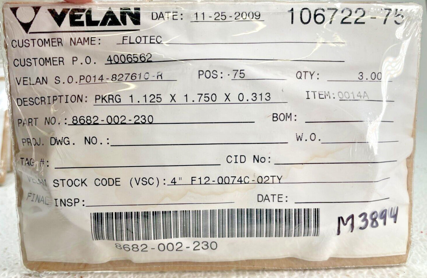(3) VELAN 8682-002-230, PKRG 1.125 x 1.750 x 0.313, STK CODE 4" F14-0074C-02TY