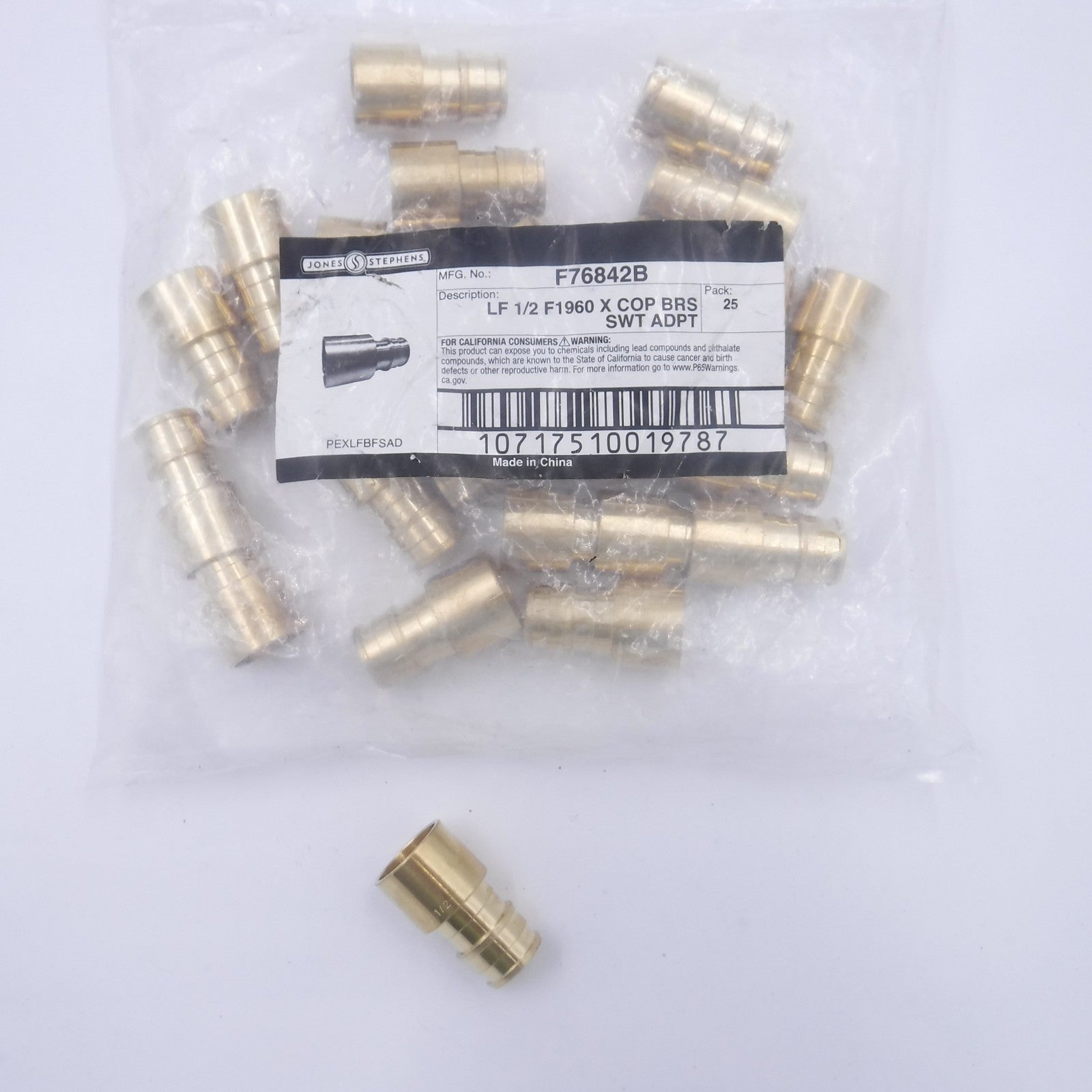 25 Pack Jones Stephens F76842B LF 1/2" F1960 x COP Brass Sweat Adapters