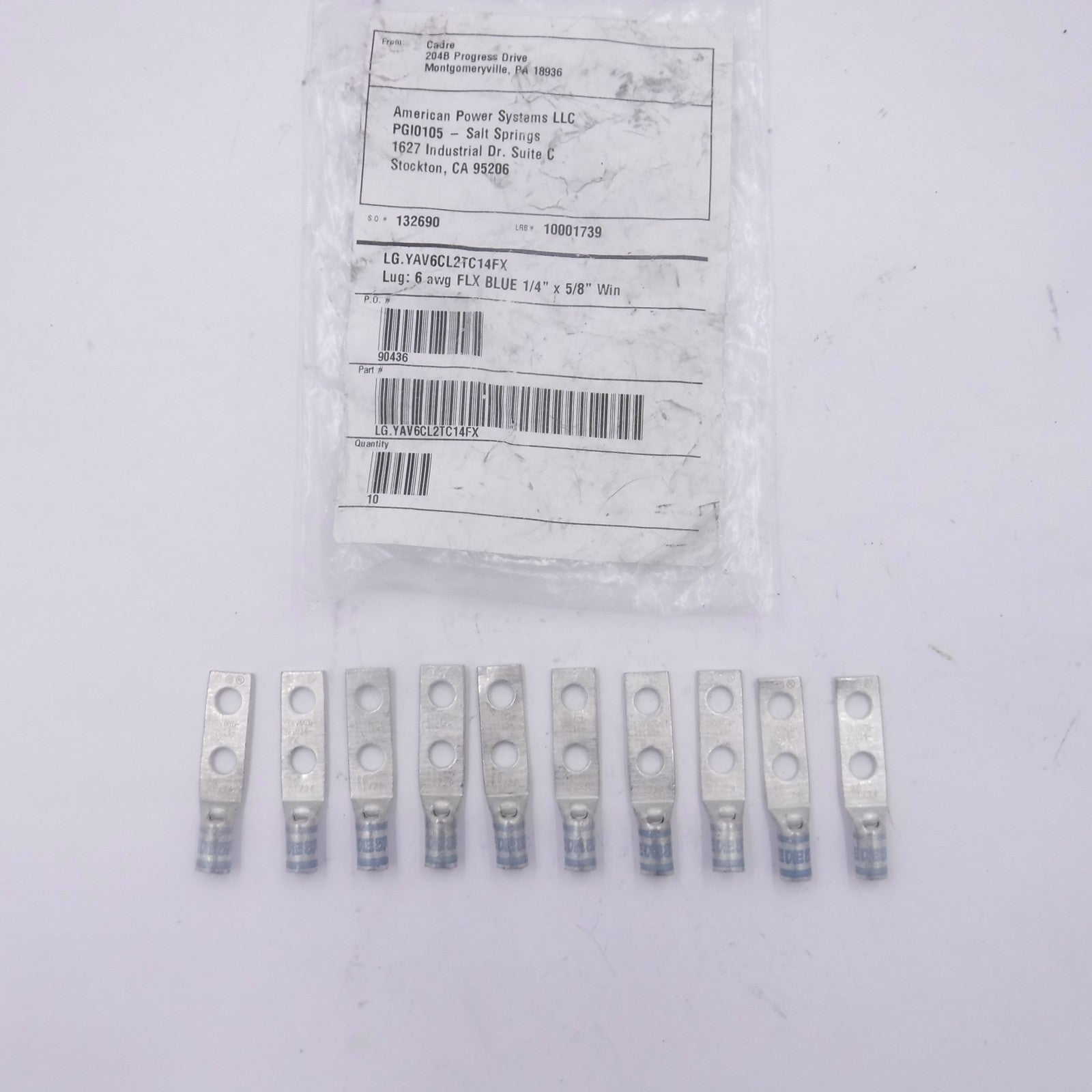 10 Pack Burndy YAV6CL2TC14FX Copper Compression Lugs 6 AWG 2-Hole 1/4" Stud