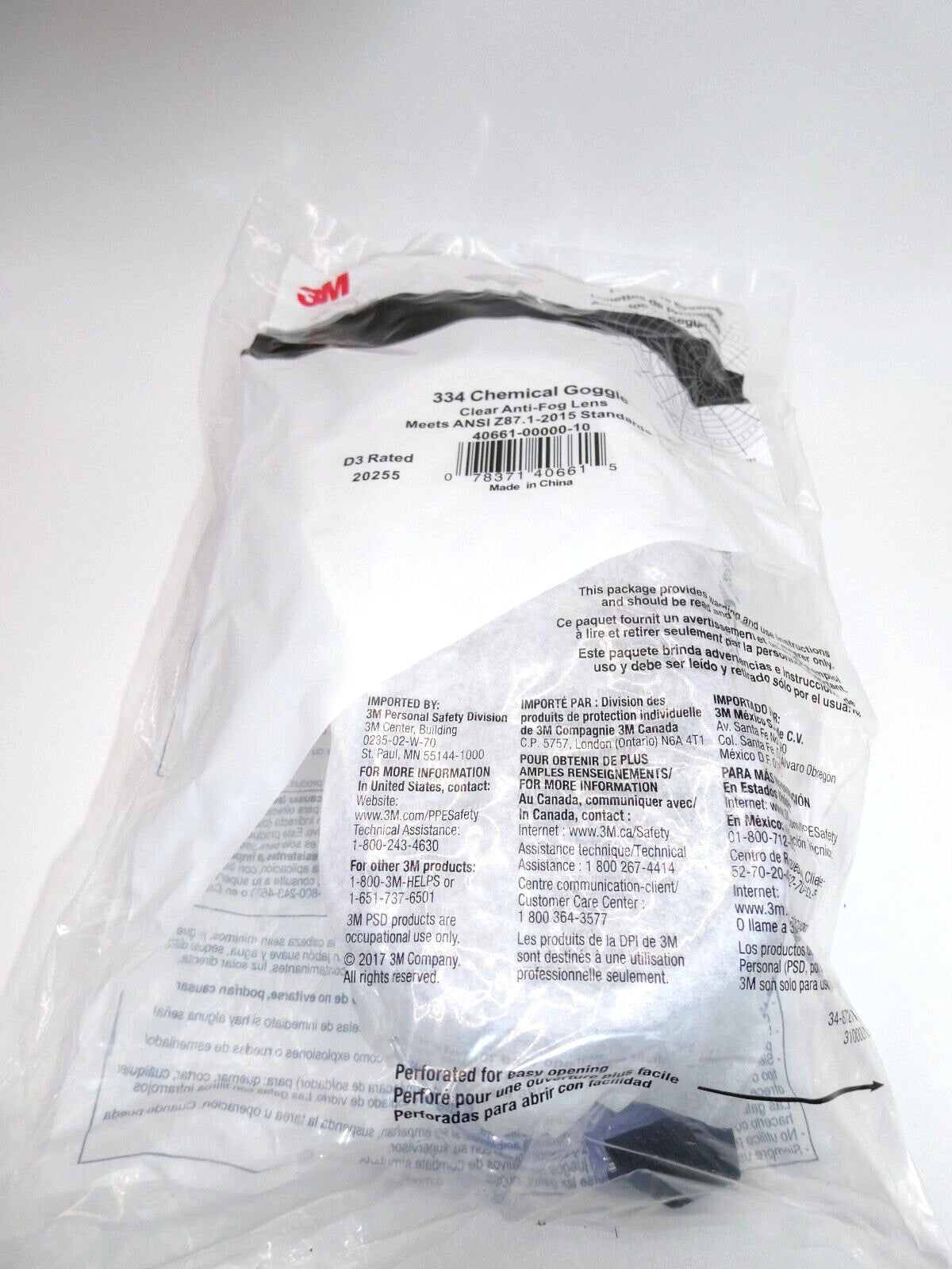 3M 334 Splash Safety Goggles Anti-Fog 40661-00000-10, Anti Fog Lens  "Lot of 3"