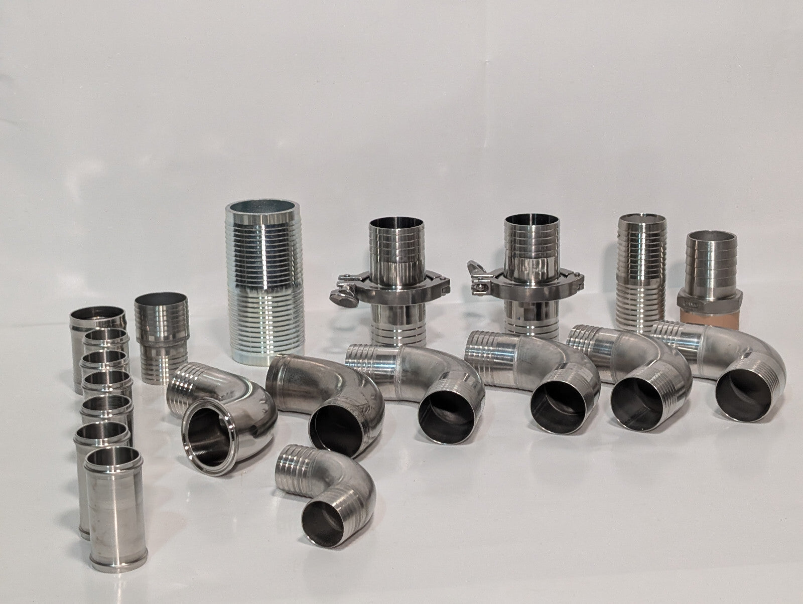 Lot of 19 Asstd Large Stainless Steel Hose Connectors, 2 inch OD or 2.5 inch ID