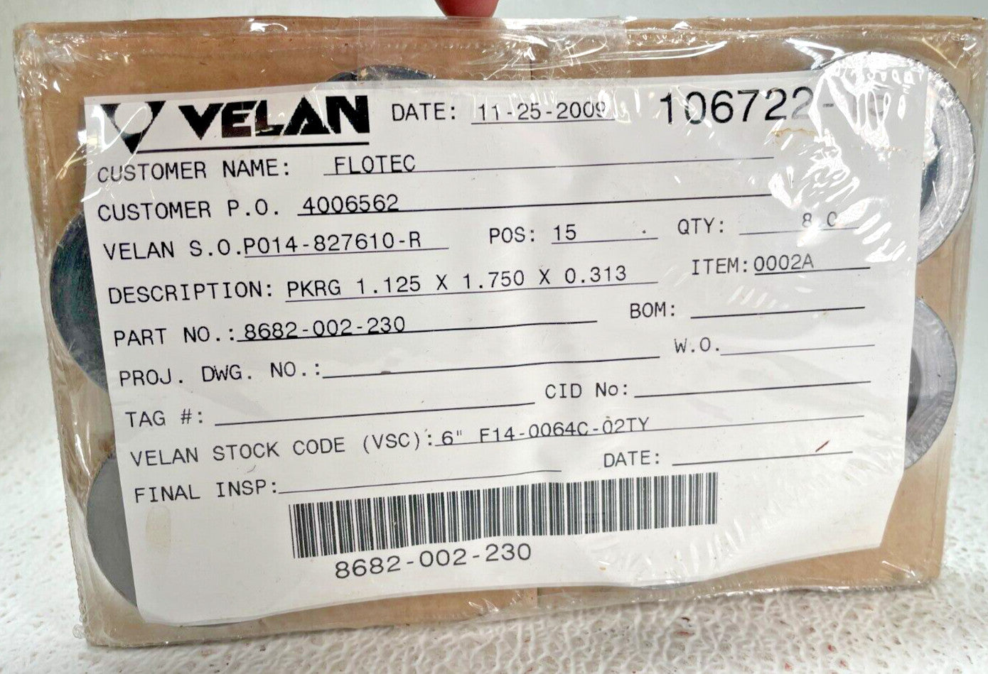 (8) VELAN 8682-002-230, PKRG 1.125 x 1.750 x 0.313, STK CODE 6" F14-00694C-02TY
