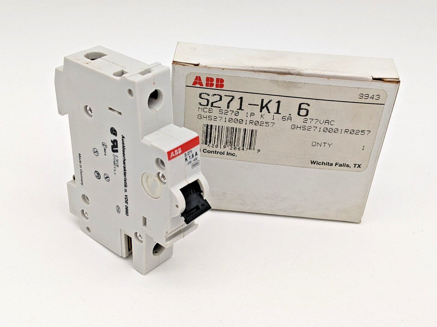 ABB  S271-K1.6 Mini Circuit Breaker 1.6 Amp 1 Pole 277/480 VAC DIN Rail Mount