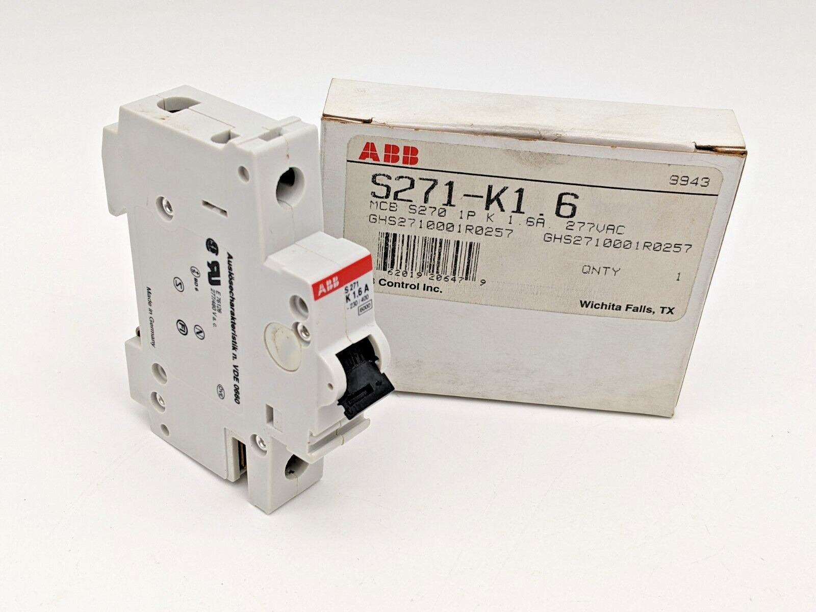 ABB  S271-K1.6 Mini Circuit Breaker 1.6 Amp 1 Pole 277/480 VAC DIN Rail Mount