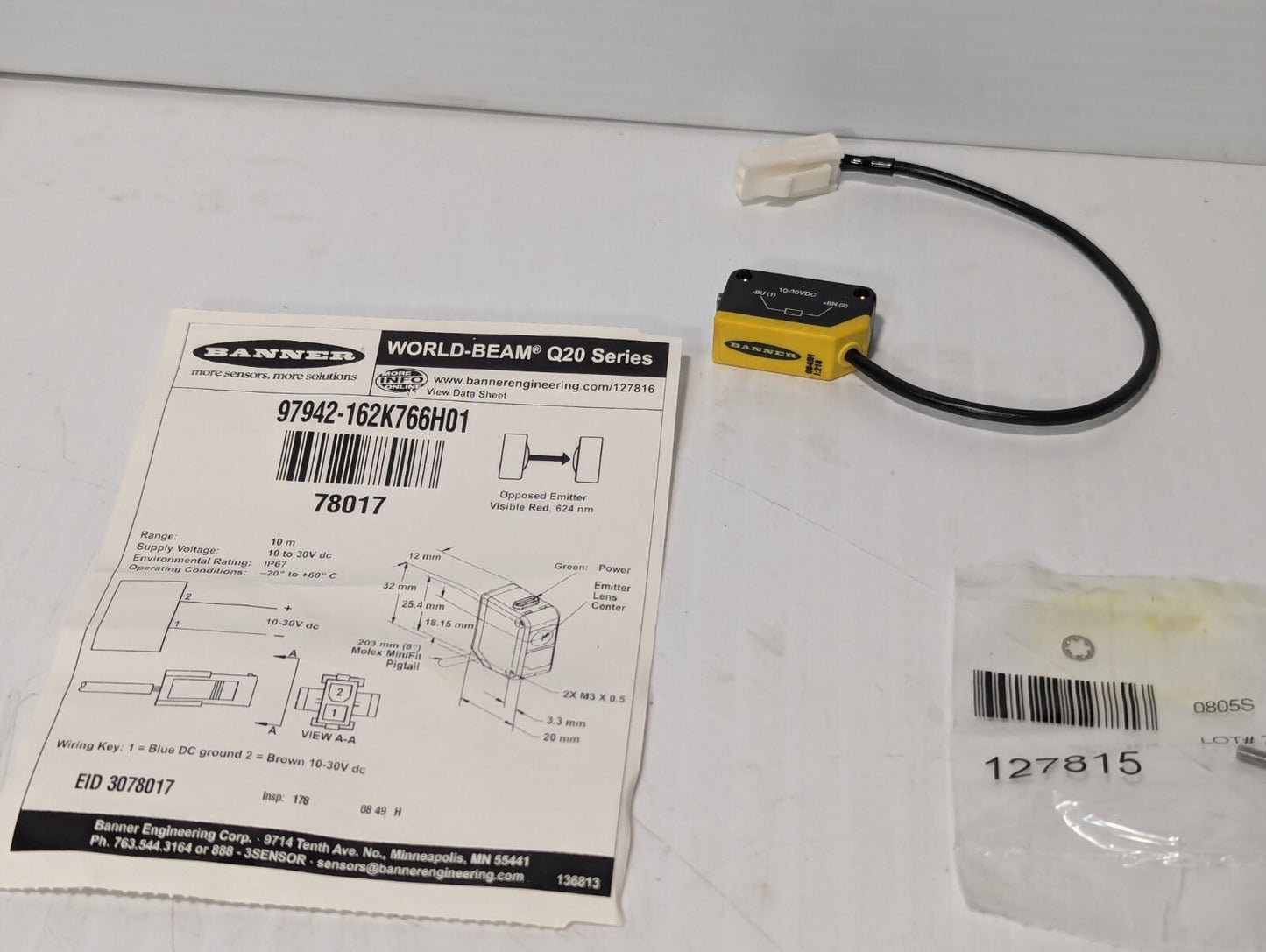 Banner Q20E-78017 Photoelectric Emitter  Sensor, 162K766H01