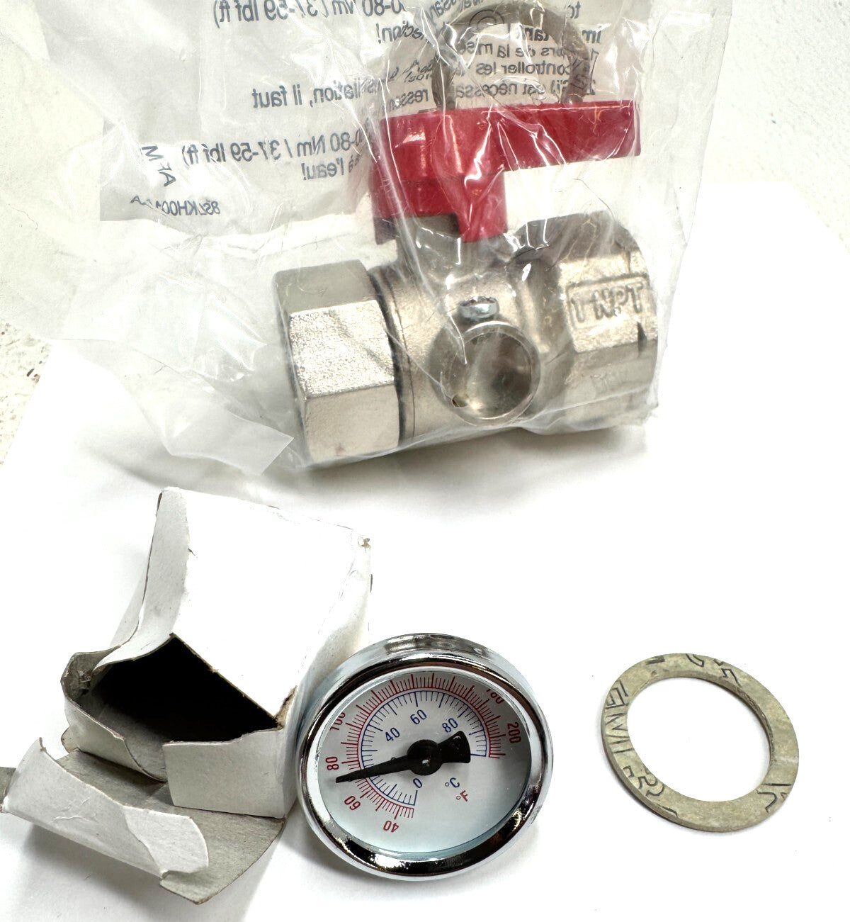 Ball Valve G1" x 1" NPT Handle Red Nickel Plated with Thermometer 4201725N