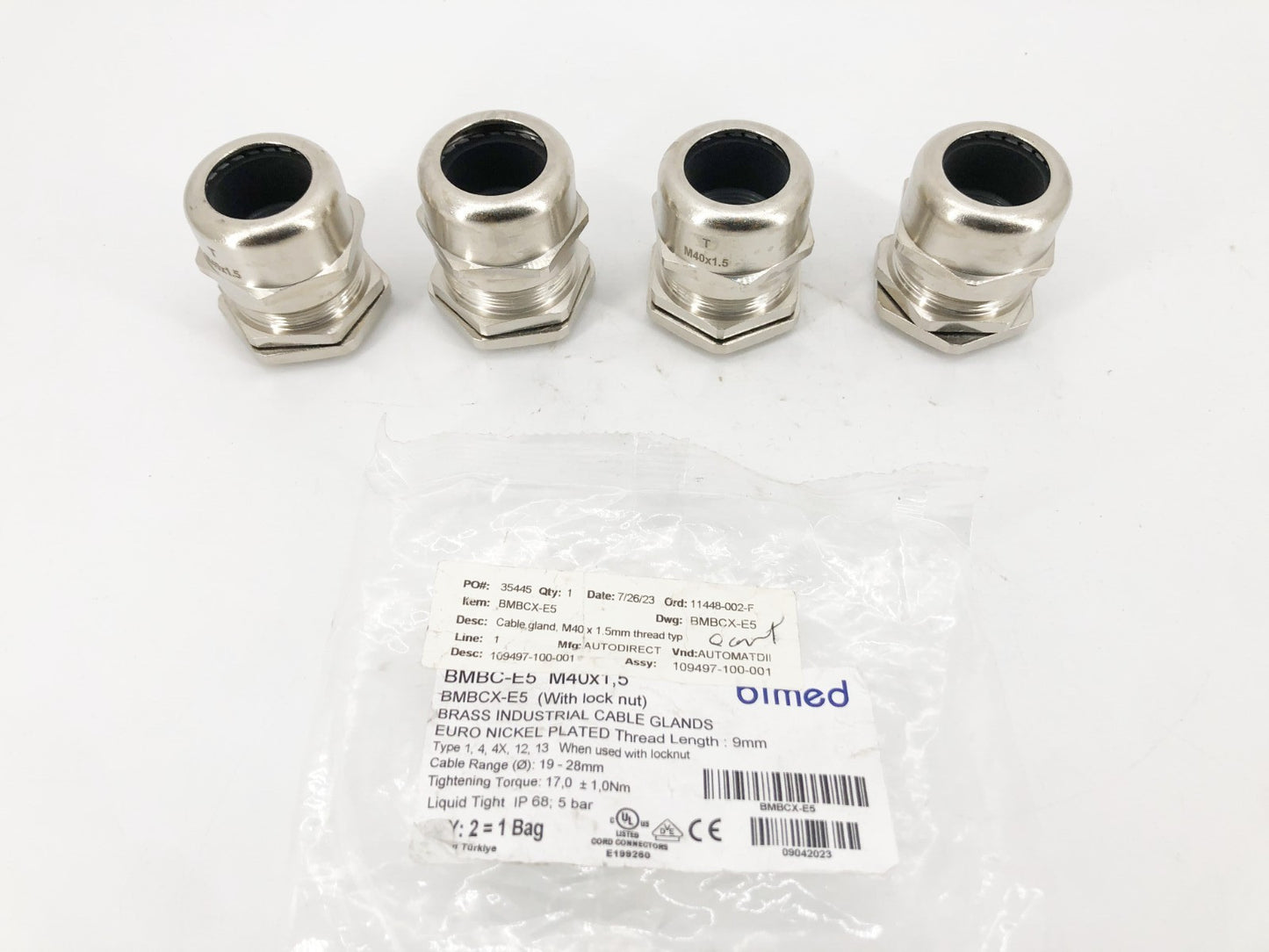 Lot of 4 New Bimed BMBC-E5 M40 x 1.5 Cable Glands Nickle Plated Brass - No Box