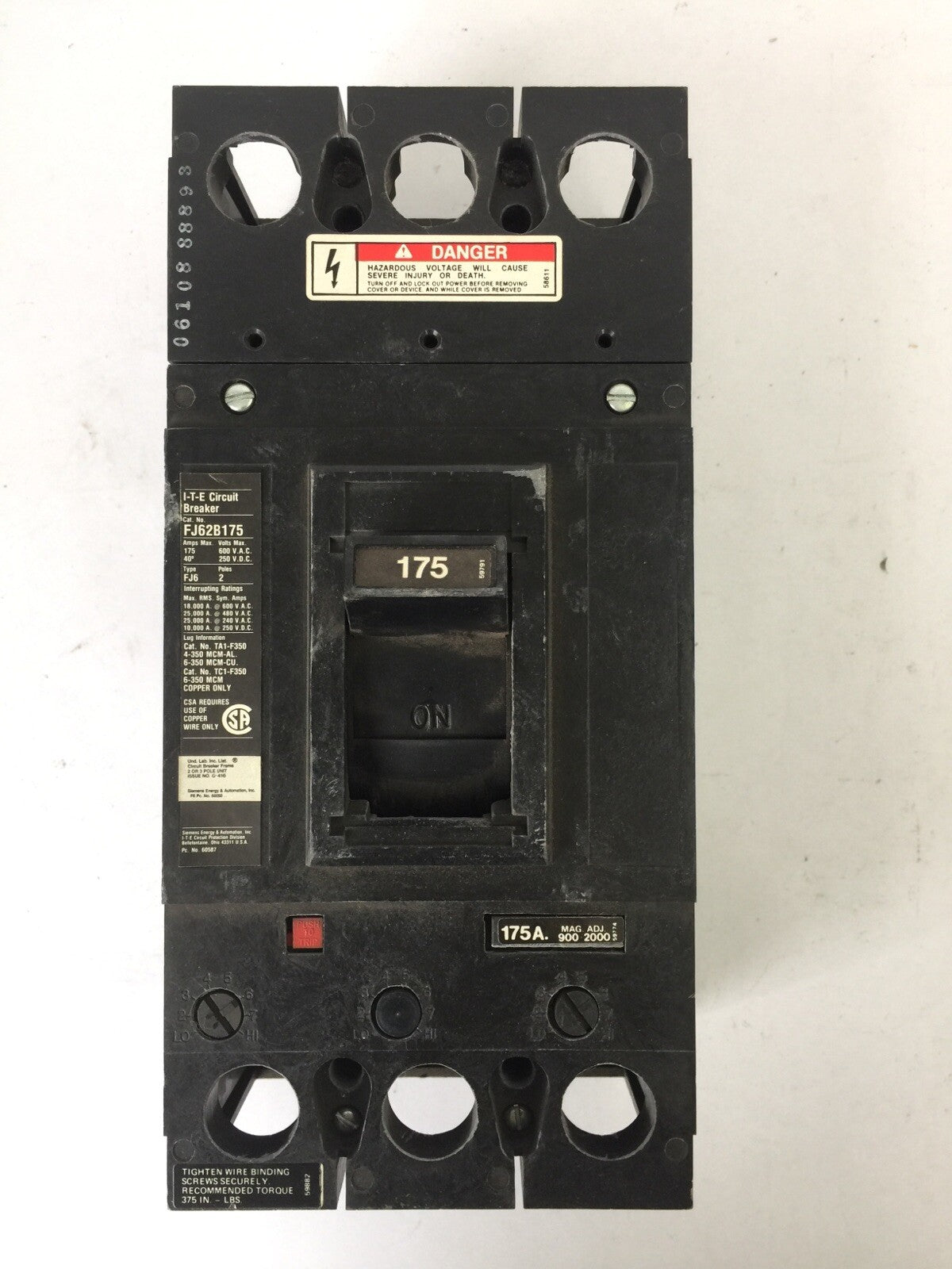 ITE SIEMENS FJ62B175 CIRCUIT BREAKER 600VAC 250VDC 175AMP 2POLE 