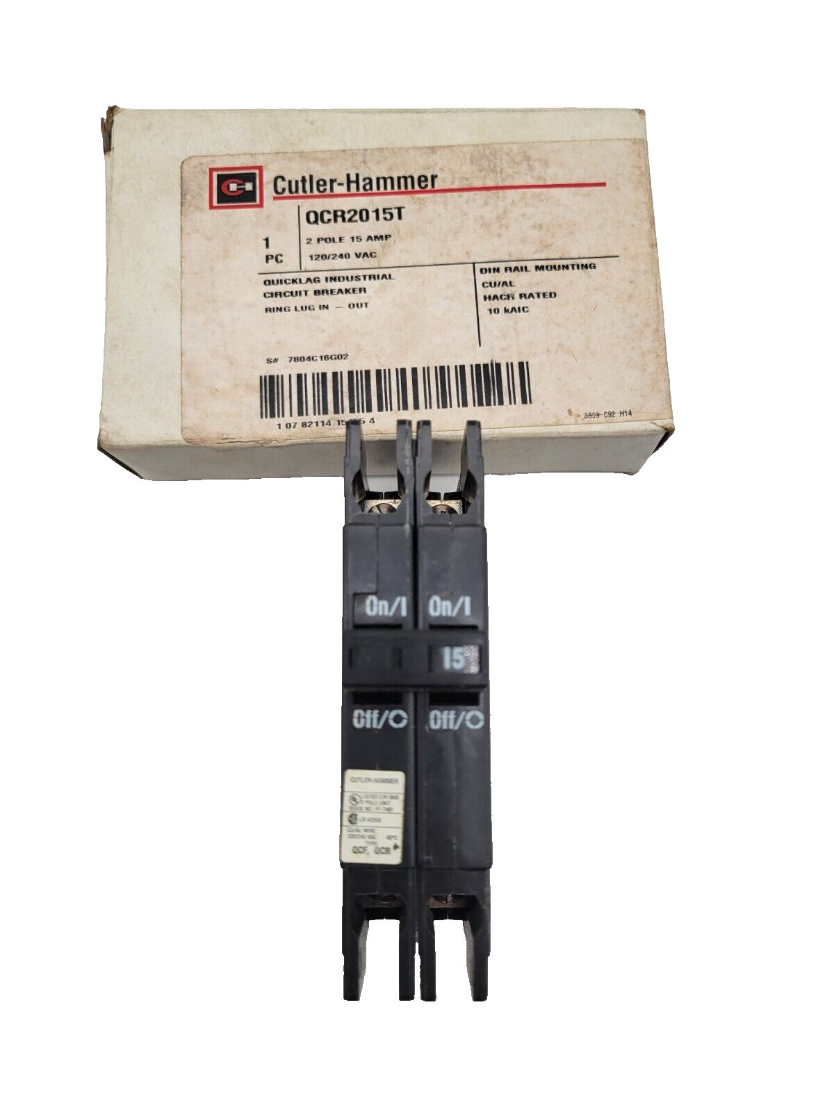 Cutler-Hammer QCF2015T Circuit Breaker 15 Amp 240 VAC 2 Pole DIN Rail Mount NOS