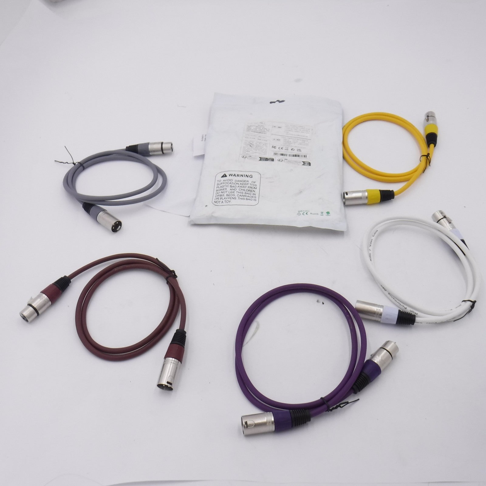 5 Pack 3' XLR Cable A Multi Color 3-Pin Male to XLR Female