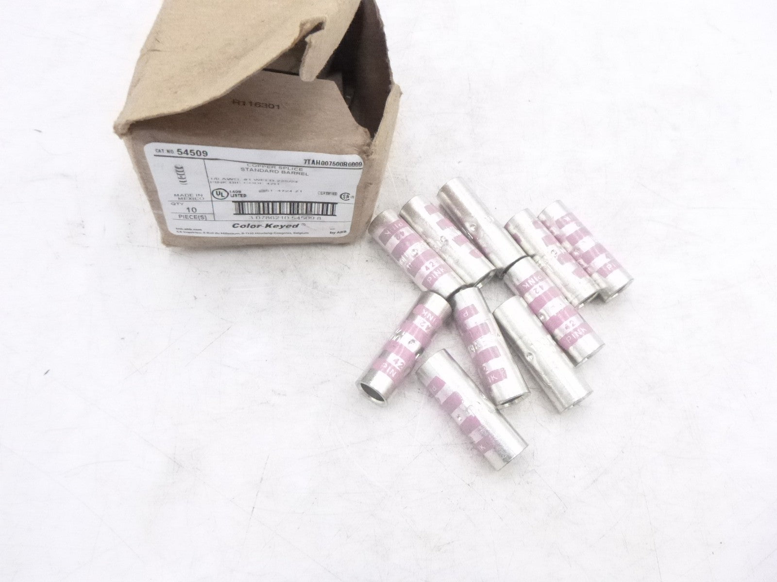 10 Pack ABB Short Barrel 1.63" L Pink Color Keyed Butt Splice 1/0 AWG