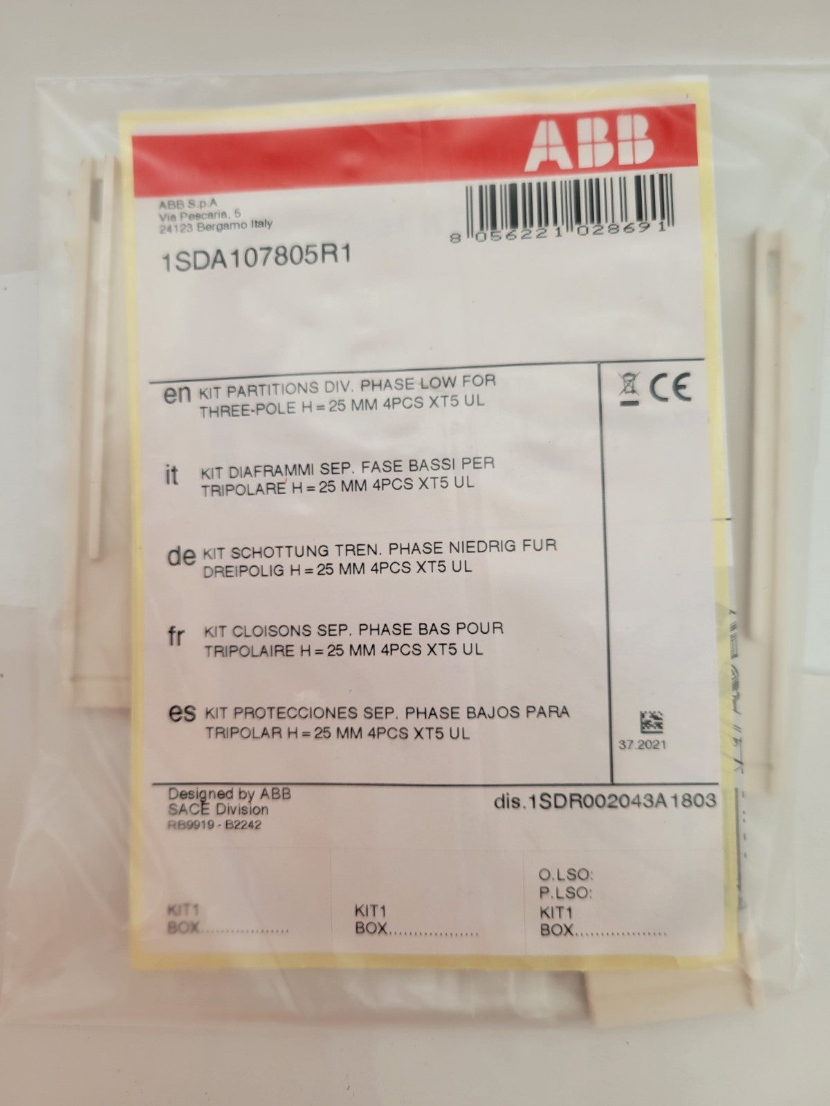 4Pc ABB 1SDA107805R1 Kit Partitions Div. Phase Low for 3 Pole H=25mm XT5 UL