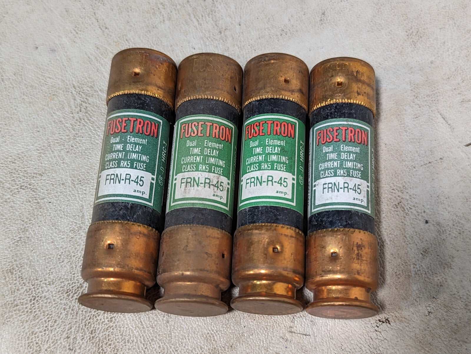Lot of 4 Bussmann Fusetron FRN-R-45 fuses, 45A, 250VAC, class RK5, time delay