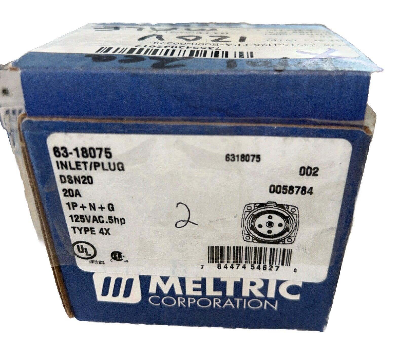 NEW! MELTRIC 63-18075 INLET/PLUG DSN20 20AMP 1P+N+G 125V .5HP  TYPE 4X.    A1