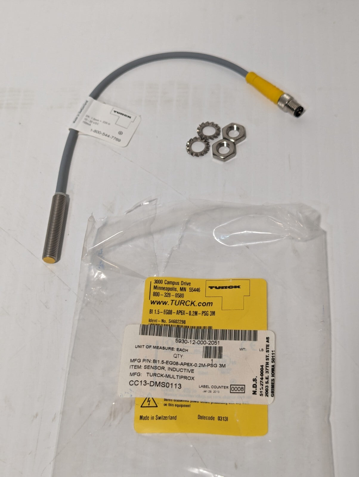 Turck BI1.5-EG08-AP6X-0.2M-PSG 3M Inductive Sensor, 10-30vdc, (S4602298) 