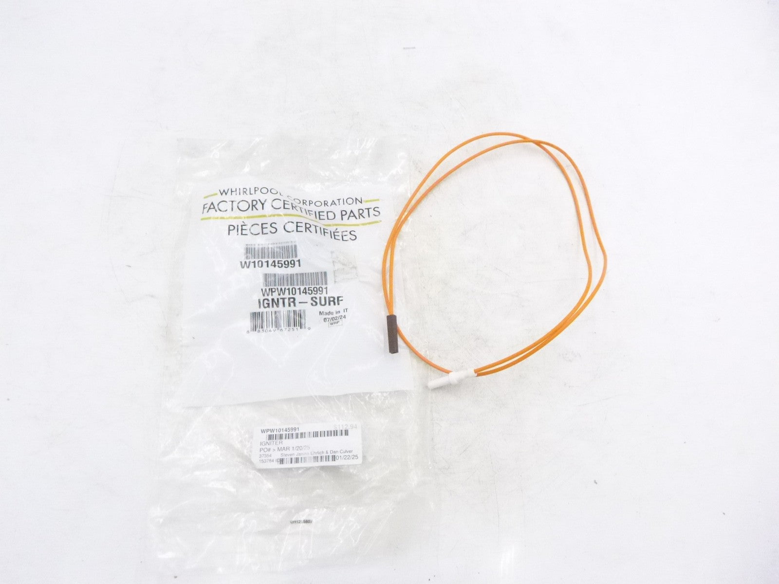 Genuine OEM Whirlpool W10145991 Range Surface Ignitor